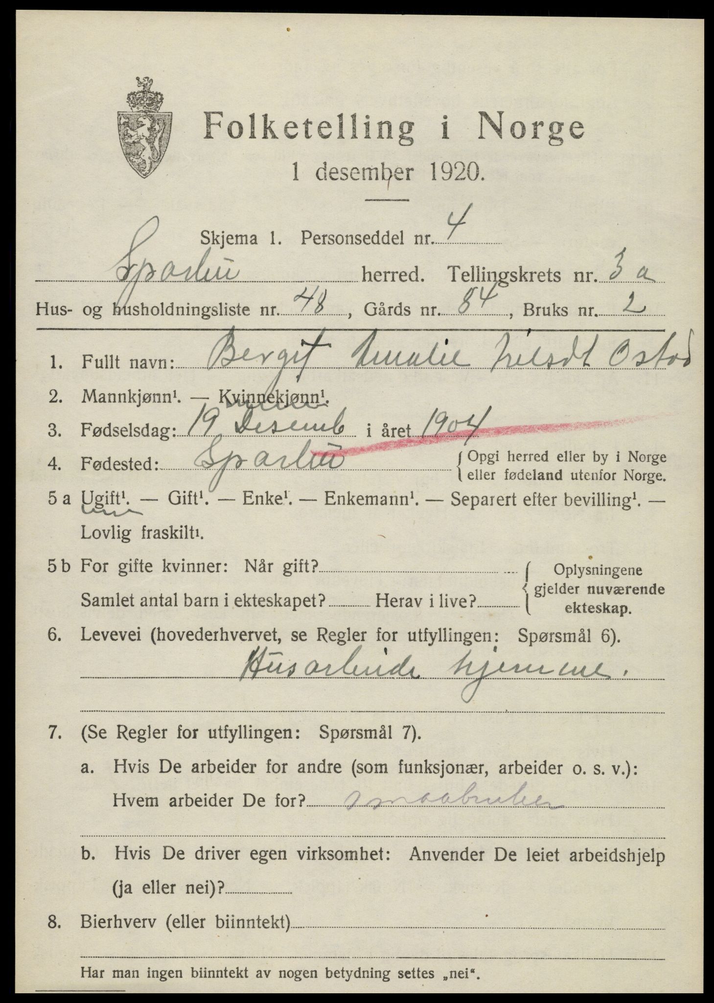 SAT, 1920 census for Sparbu, 1920, p. 4809