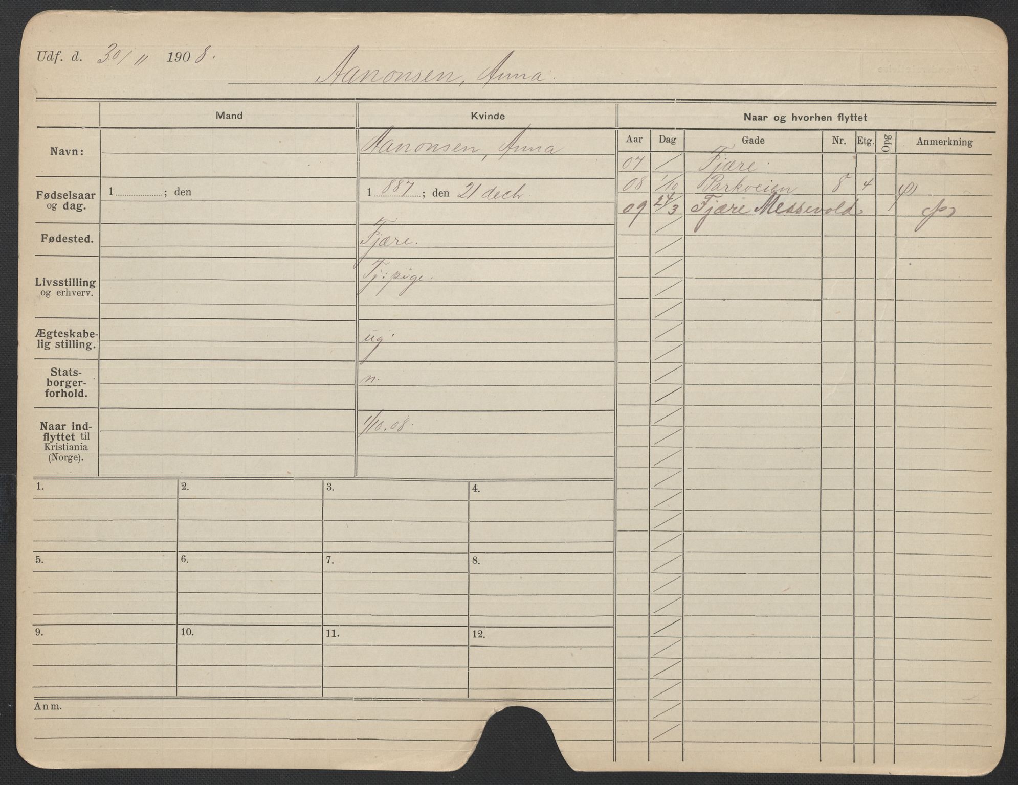 Oslo folkeregister, Registerkort, AV/SAO-A-11715/F/Fa/Fac/L0025: Kvinner, 1906-1914, p. 1205a