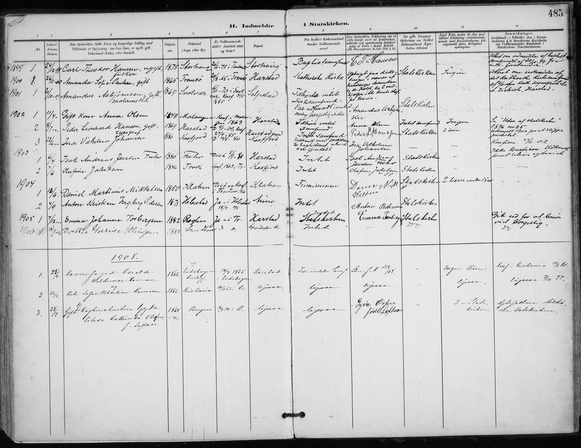 Trondenes sokneprestkontor, AV/SATØ-S-1319/H/Ha/L0017kirke: Parish register (official) no. 17, 1899-1908, p. 485