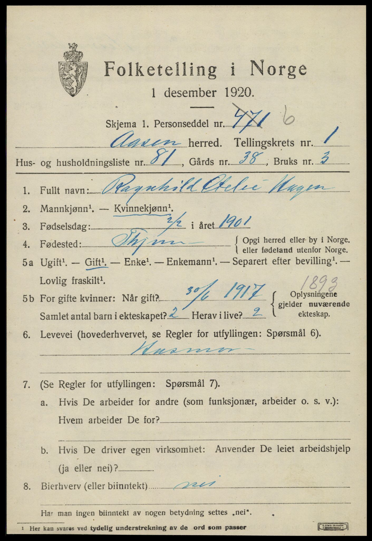 SAT, 1920 census for Åsen, 1920, p. 1702