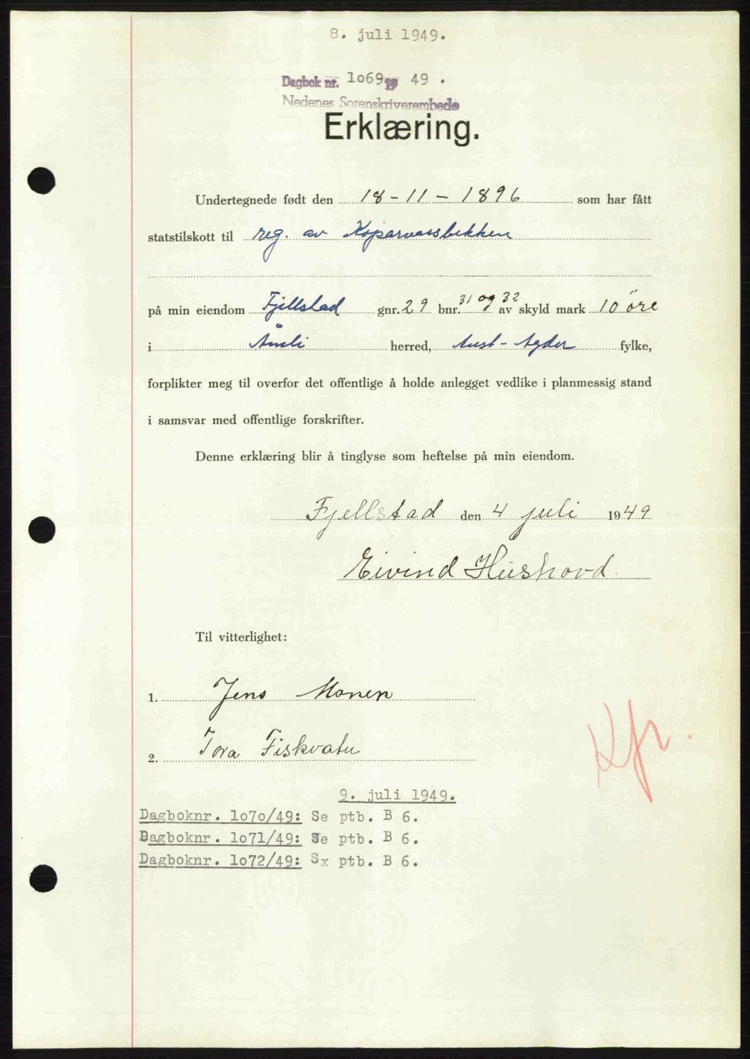 Nedenes sorenskriveri, SAK/1221-0006/G/Gb/Gba/L0061: Mortgage book no. A13, 1949-1949, Diary no: : 1069/1949
