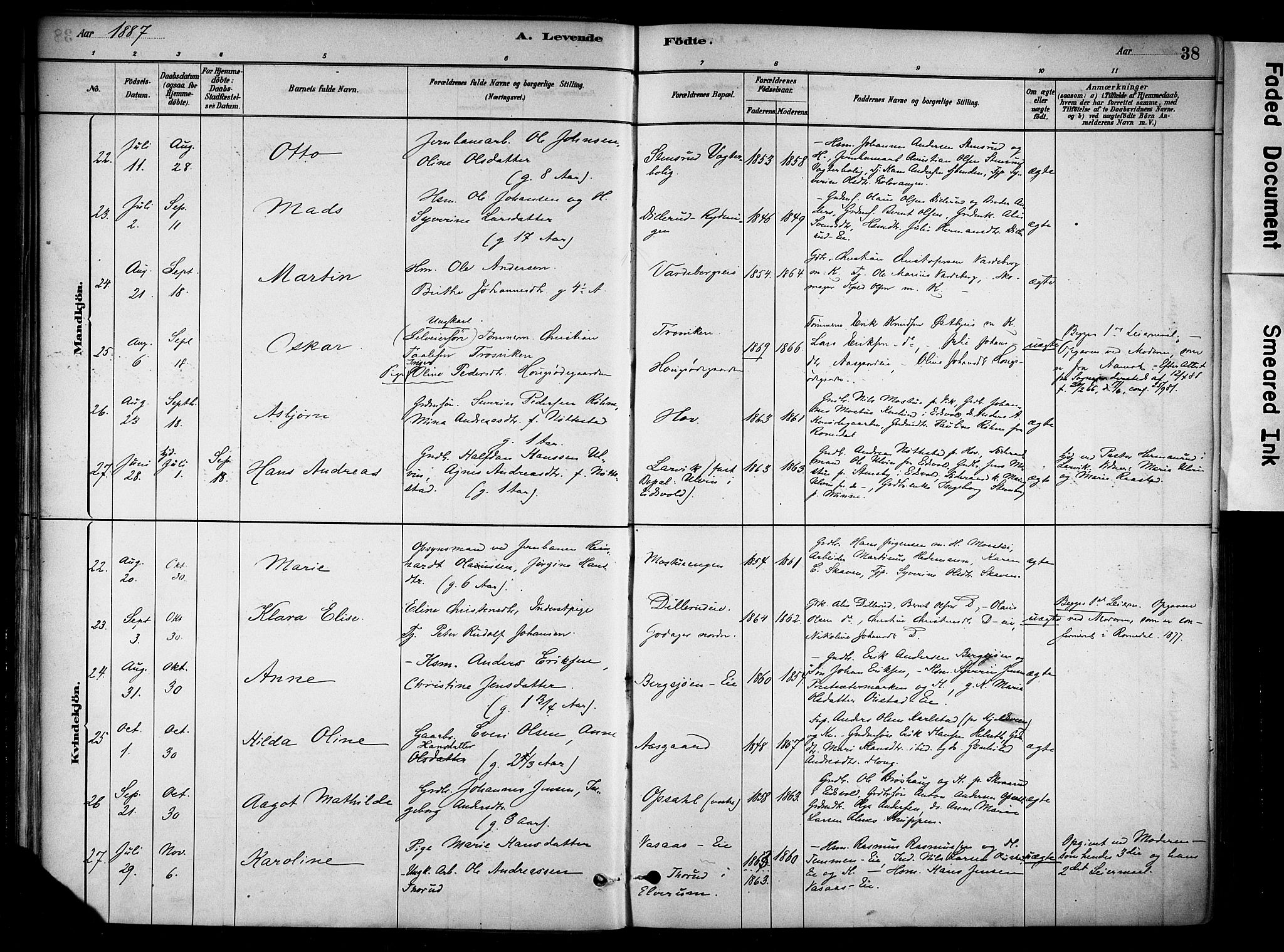 Stange prestekontor, AV/SAH-PREST-002/K/L0018: Parish register (official) no. 18, 1880-1896, p. 38