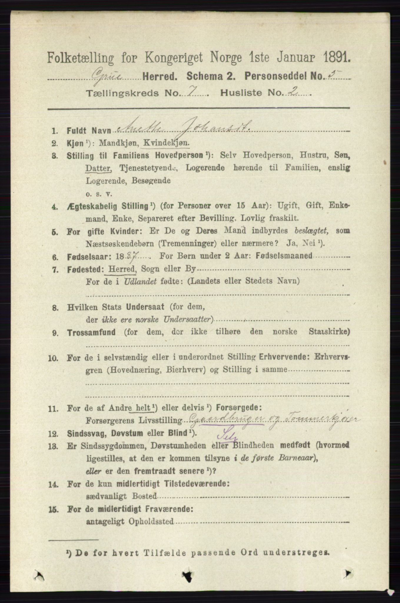 RA, 1891 census for 0423 Grue, 1891, p. 3579