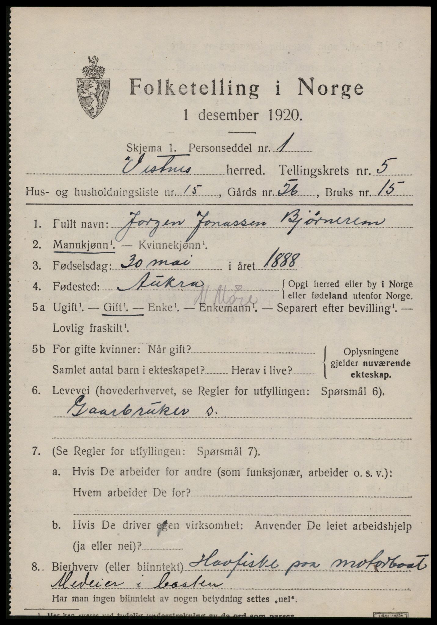 SAT, 1920 census for Vestnes, 1920, p. 4115