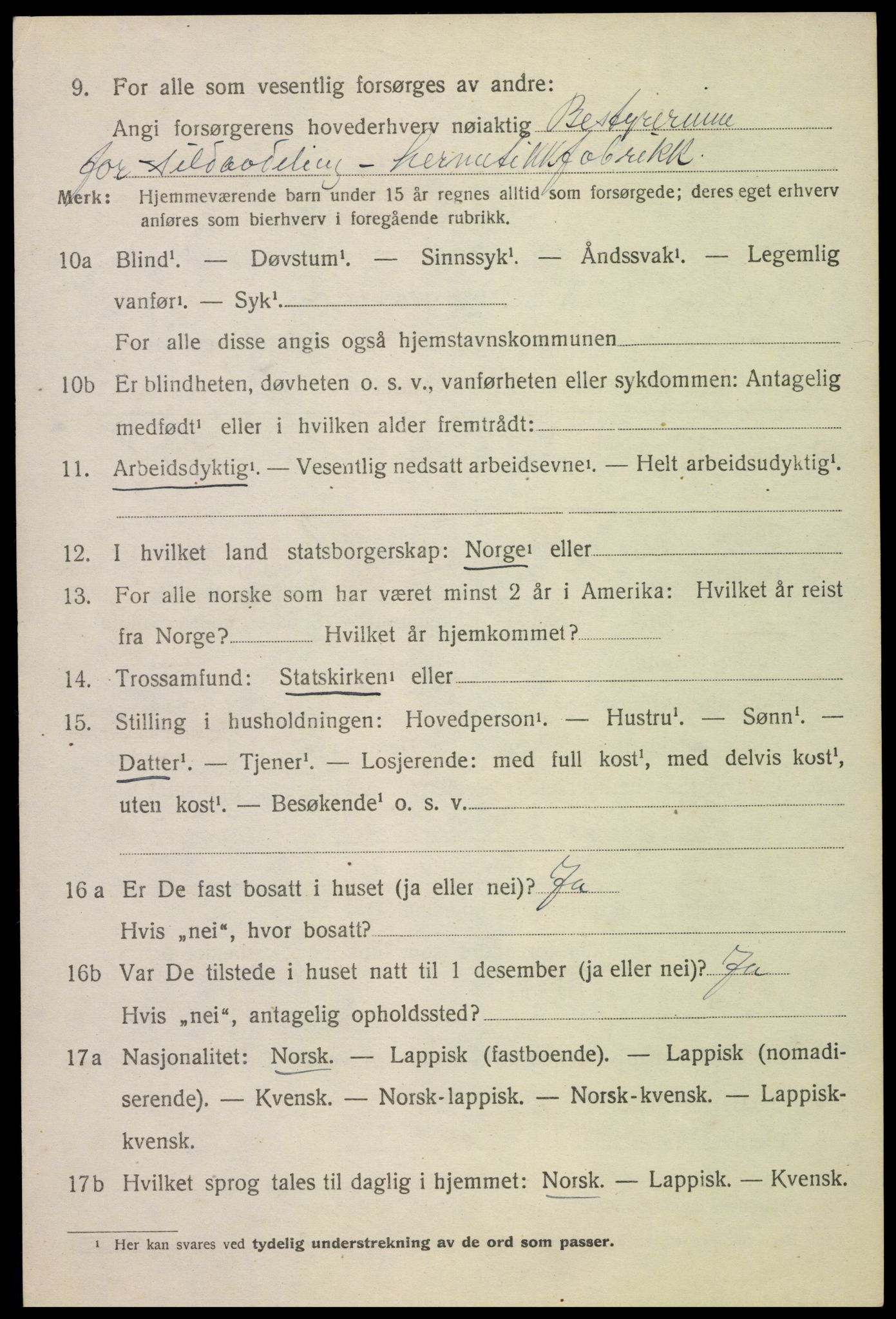 SAT, 1920 census for Sortland, 1920, p. 3617