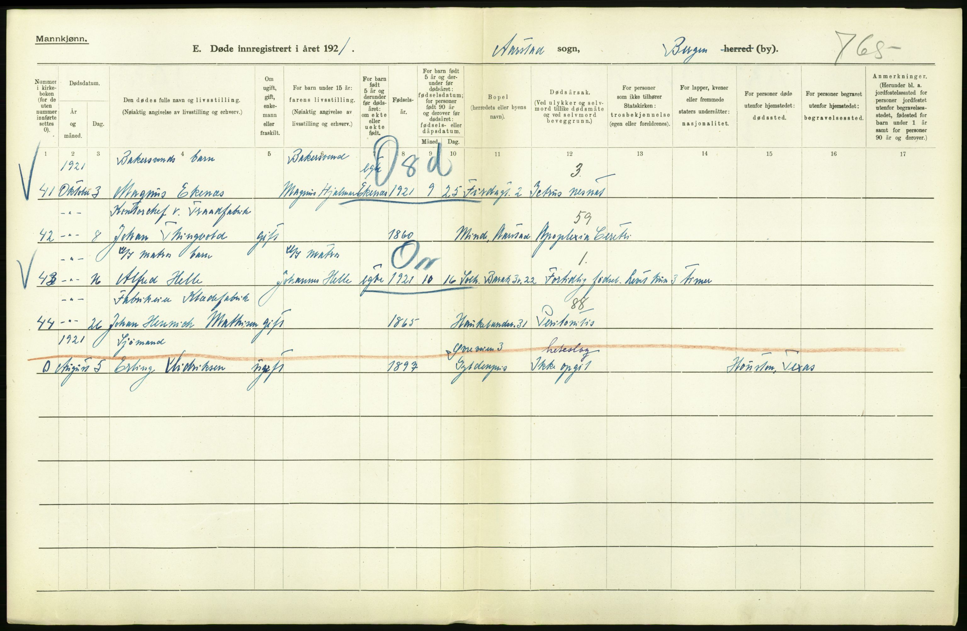 Statistisk sentralbyrå, Sosiodemografiske emner, Befolkning, AV/RA-S-2228/D/Df/Dfc/Dfca/L0036: Bergen: Døde., 1921, p. 136