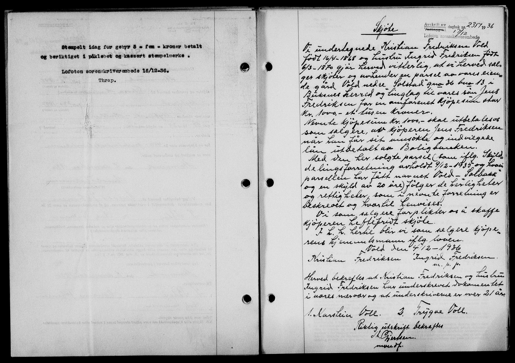 Lofoten sorenskriveri, SAT/A-0017/1/2/2C/L0001a: Mortgage book no. 1a, 1936-1937, Diary no: : 2317/1936