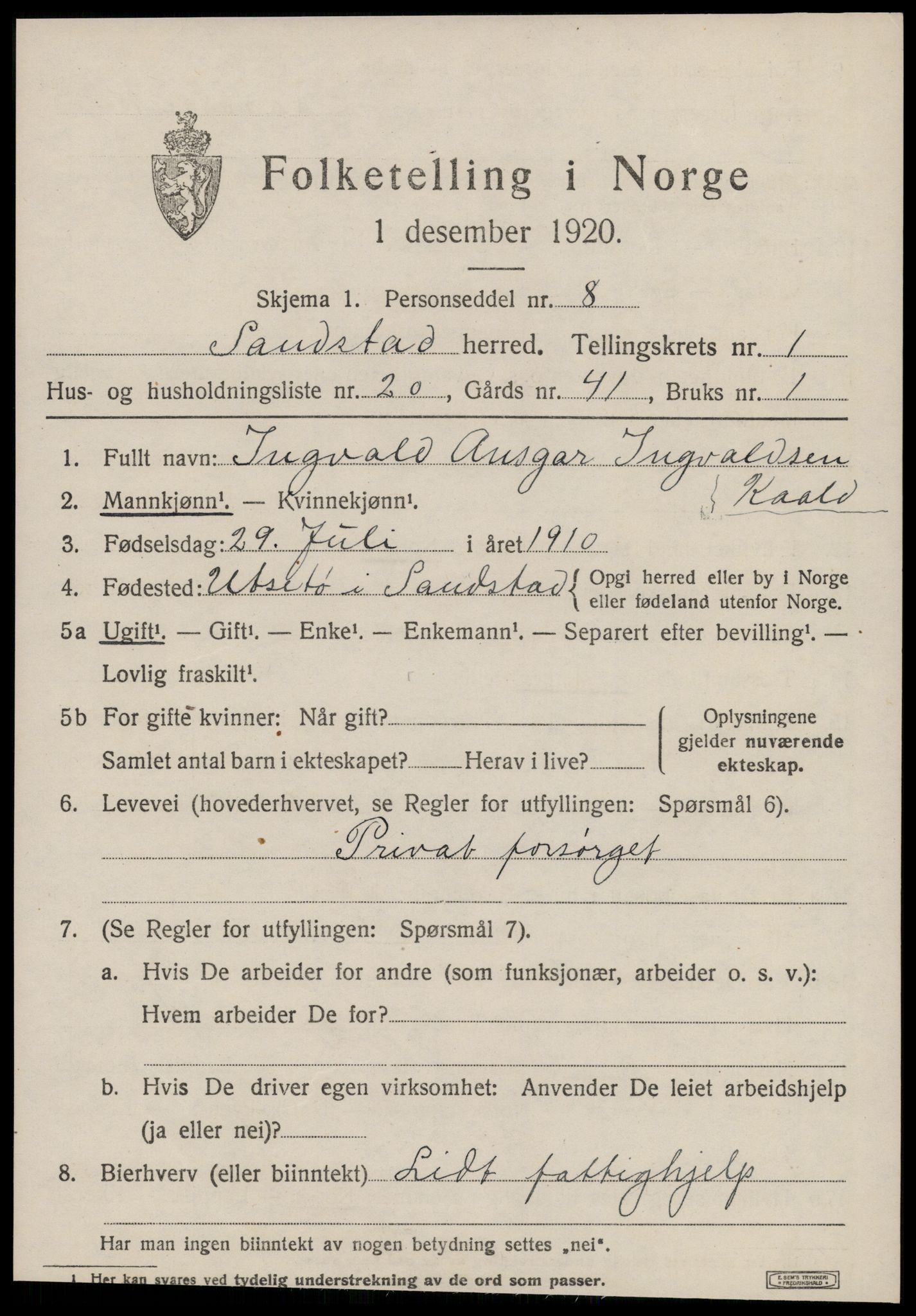 SAT, 1920 census for Sandstad, 1920, p. 645