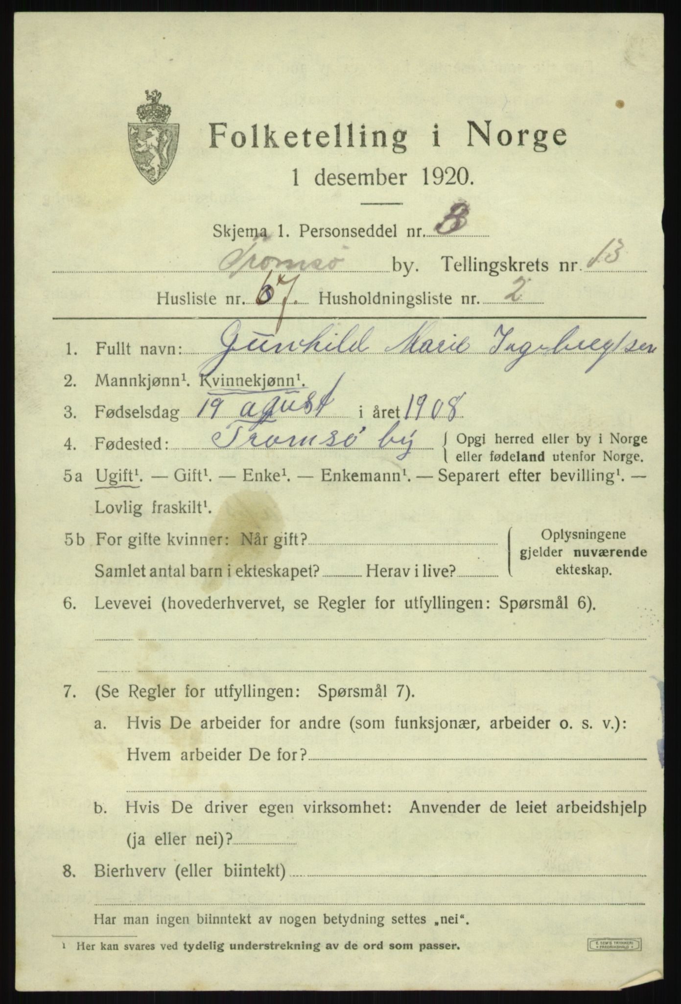 SATØ, 1920 census for Tromsø, 1920, p. 26330