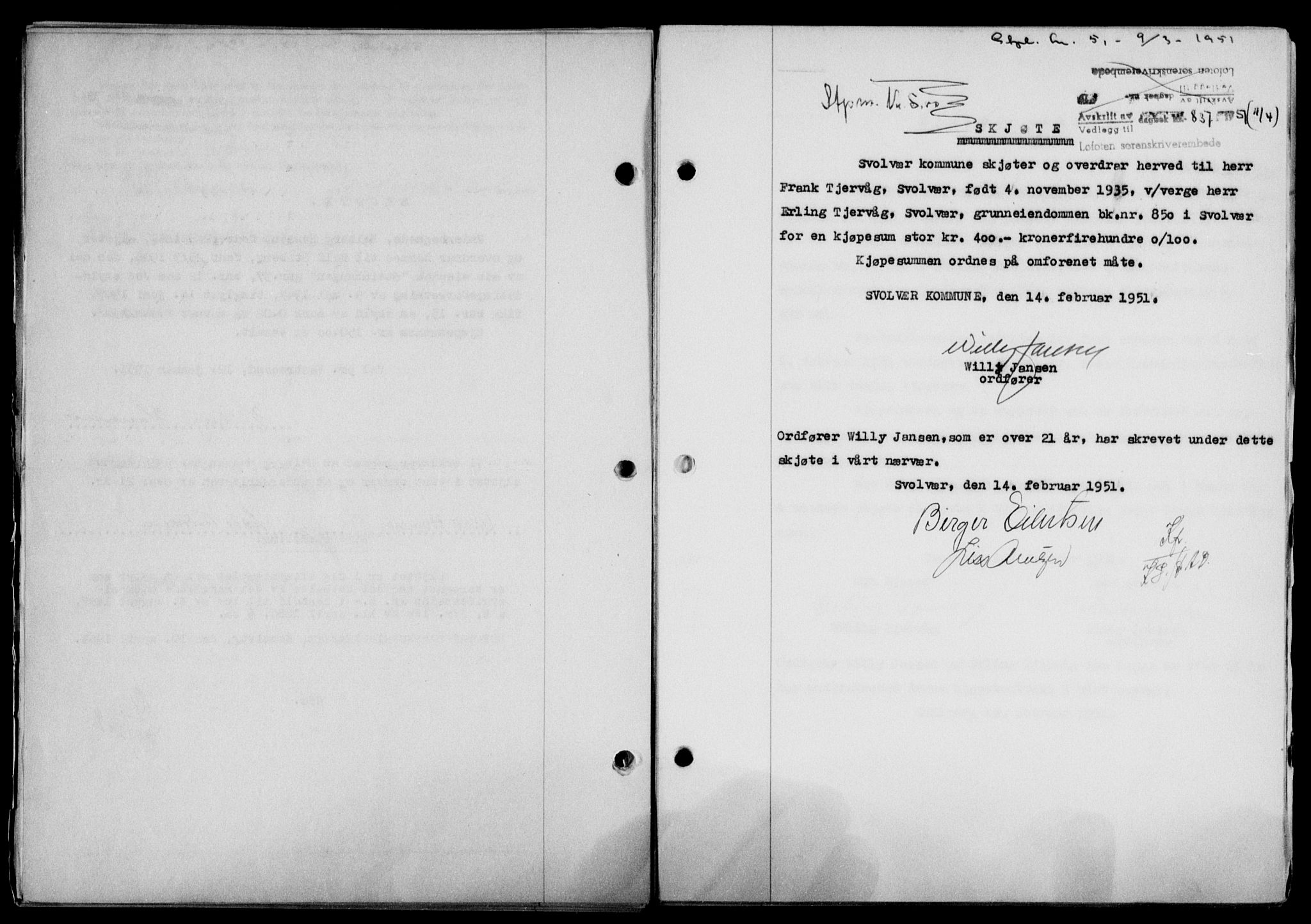 Lofoten sorenskriveri, SAT/A-0017/1/2/2C/L0025a: Mortgage book no. 25a, 1950-1951, Diary no: : 837/1951