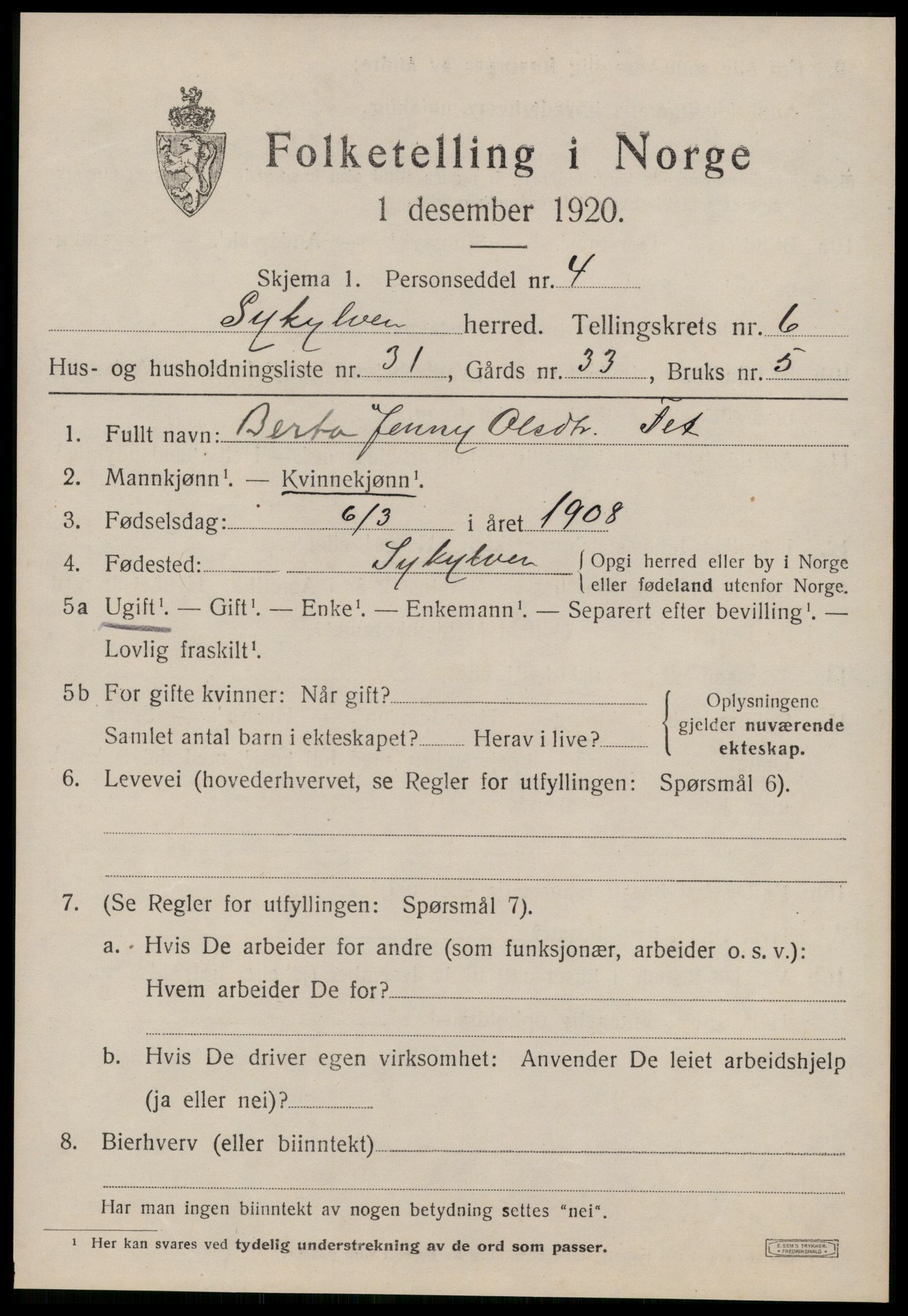 SAT, 1920 census for Sykkylven, 1920, p. 4001