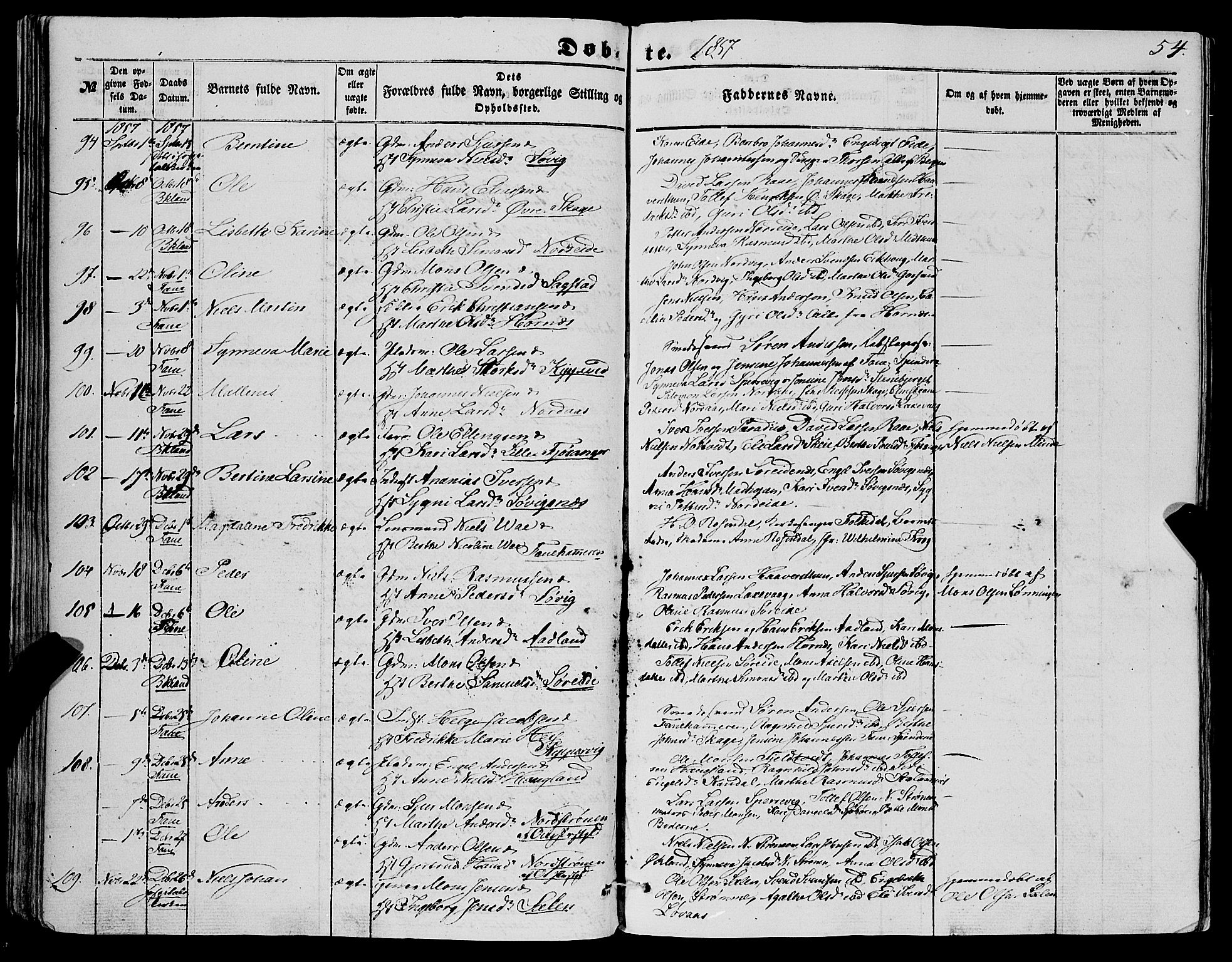 Fana Sokneprestembete, SAB/A-75101/H/Haa/Haaa/L0011: Parish register (official) no. A 11, 1851-1862, p. 54