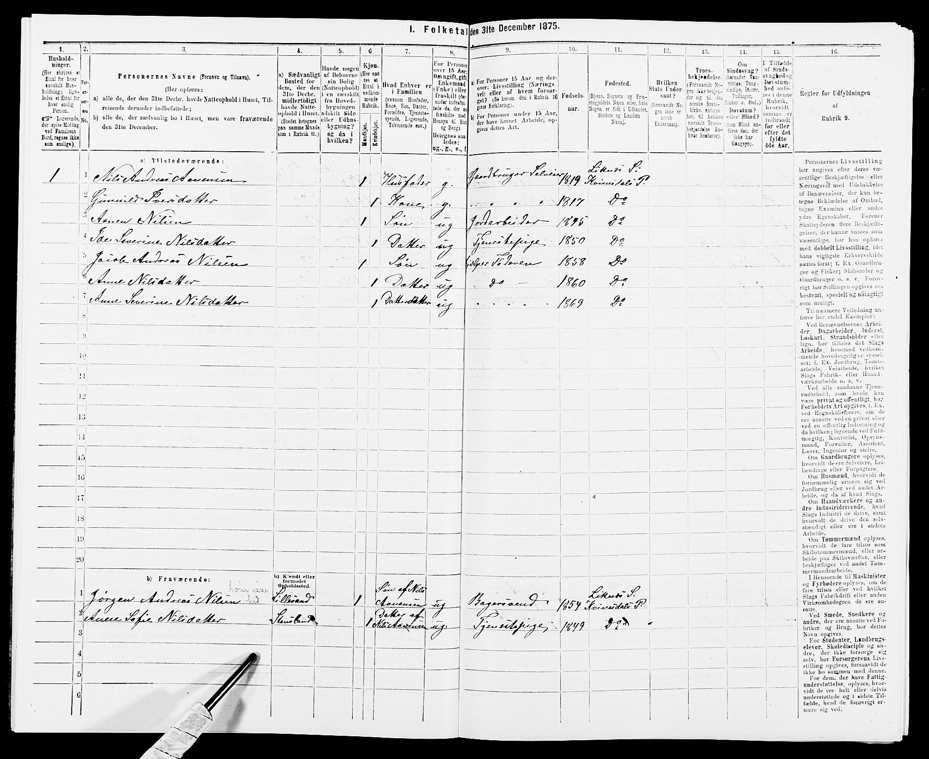 SAK, 1875 census for 1037P Kvinesdal, 1875, p. 292