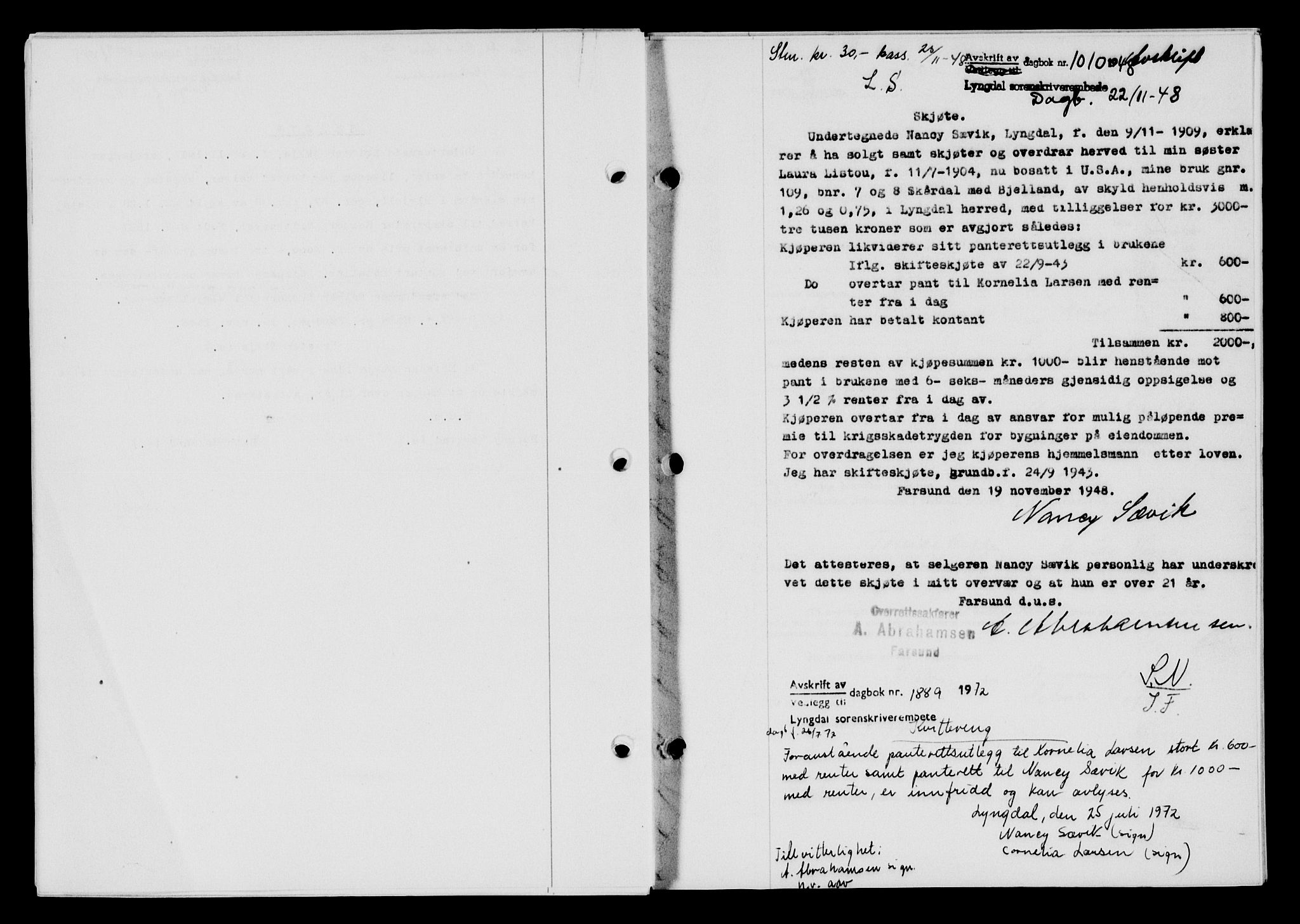 Lyngdal sorenskriveri, AV/SAK-1221-0004/G/Gb/L0663: Mortgage book no. A IX, 1948-1949, Diary no: : 1010/1948