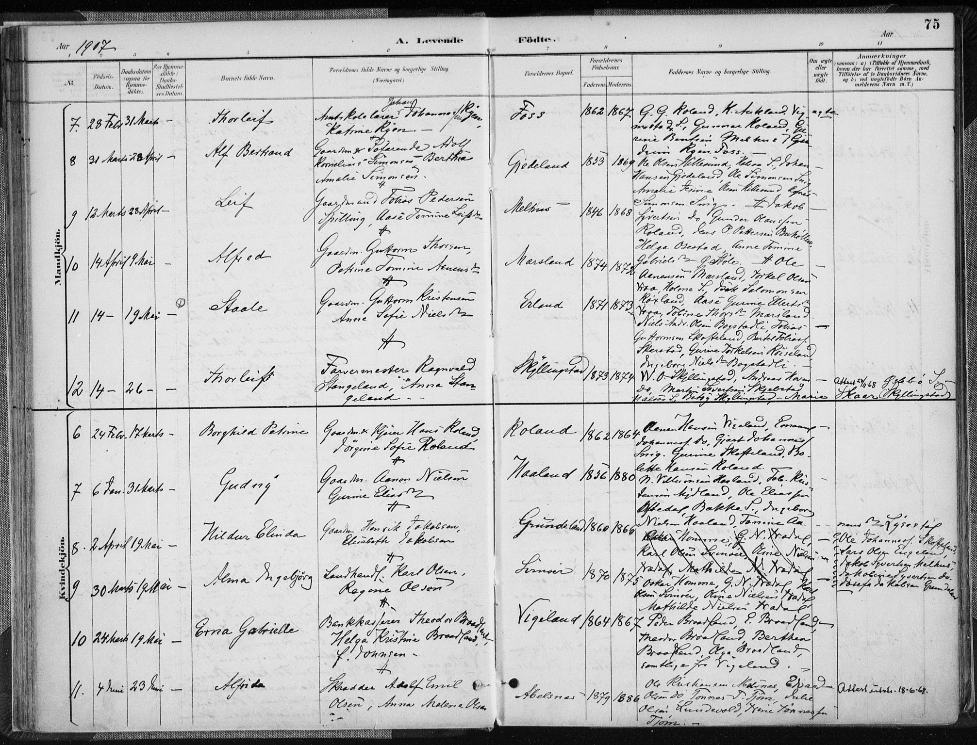 Sør-Audnedal sokneprestkontor, AV/SAK-1111-0039/F/Fa/Fab/L0010: Parish register (official) no. A 10, 1892-1913, p. 75