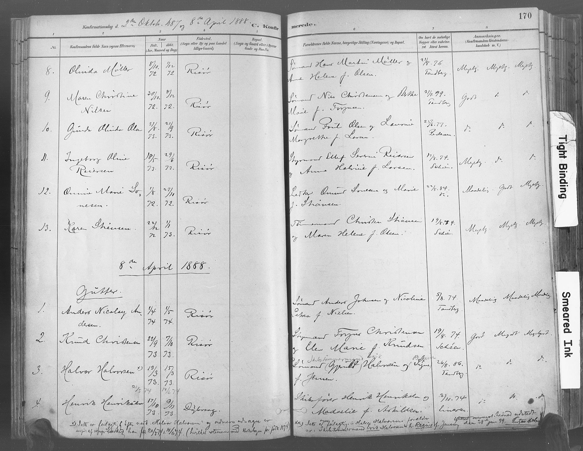 Risør sokneprestkontor, AV/SAK-1111-0035/F/Fa/L0005: Parish register (official) no. A 5, 1883-1895, p. 170