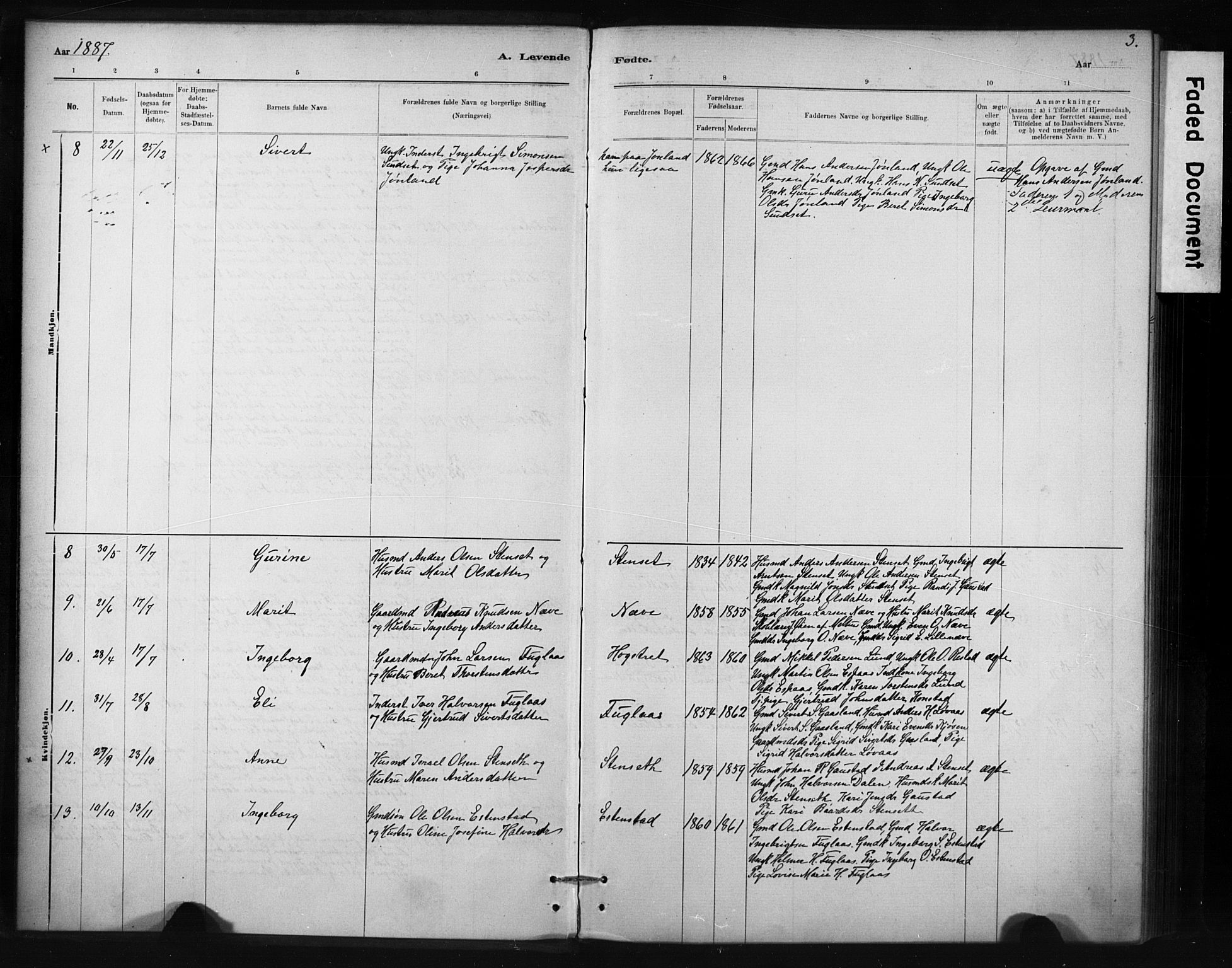 Ministerialprotokoller, klokkerbøker og fødselsregistre - Sør-Trøndelag, AV/SAT-A-1456/694/L1127: Parish register (official) no. 694A01, 1887-1905, p. 3