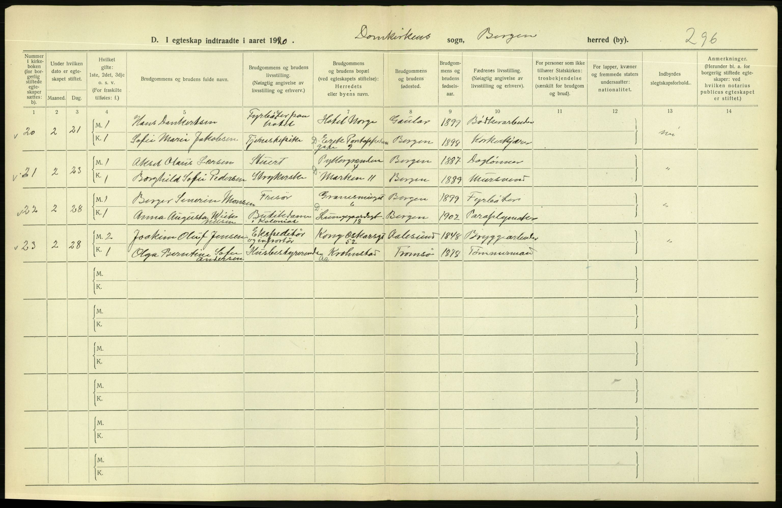 Statistisk sentralbyrå, Sosiodemografiske emner, Befolkning, AV/RA-S-2228/D/Df/Dfb/Dfbj/L0042: Bergen: Gifte, døde, dødfødte., 1920, p. 256