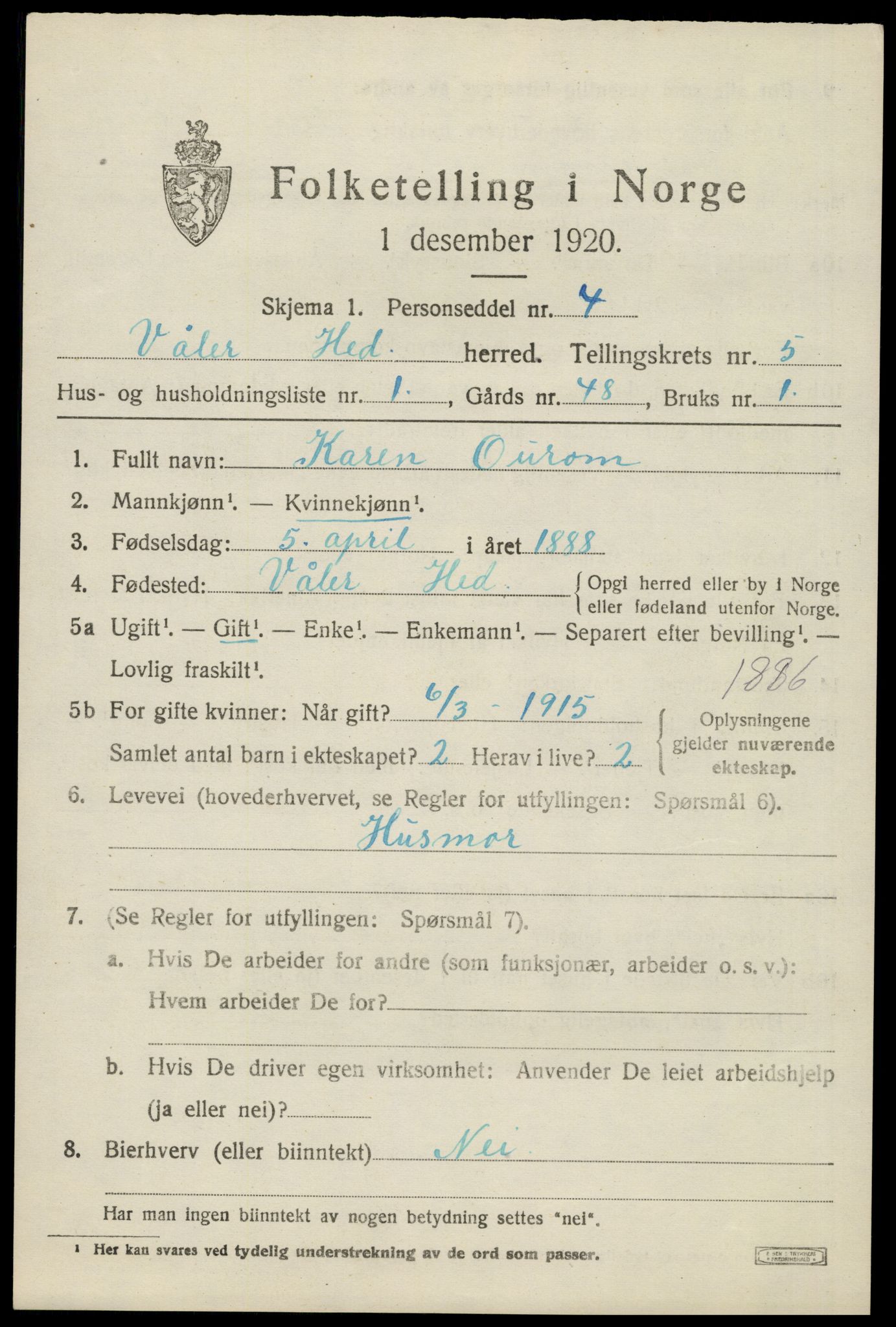 SAH, 1920 census for Våler (Hedmark), 1920, p. 5513