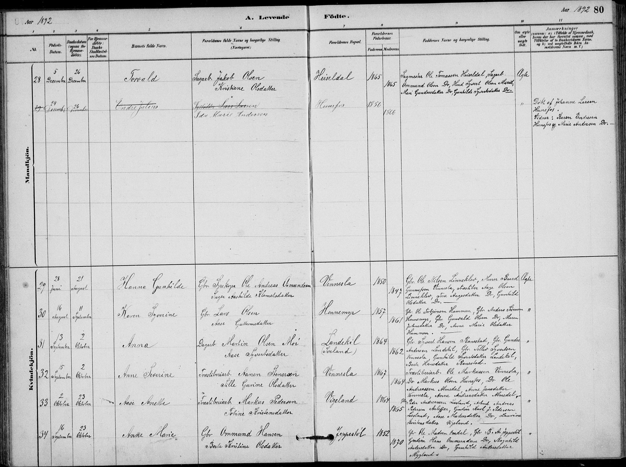 Vennesla sokneprestkontor, AV/SAK-1111-0045/Fb/Fbb/L0003: Parish register (copy) no. B 3, 1879-1893, p. 80