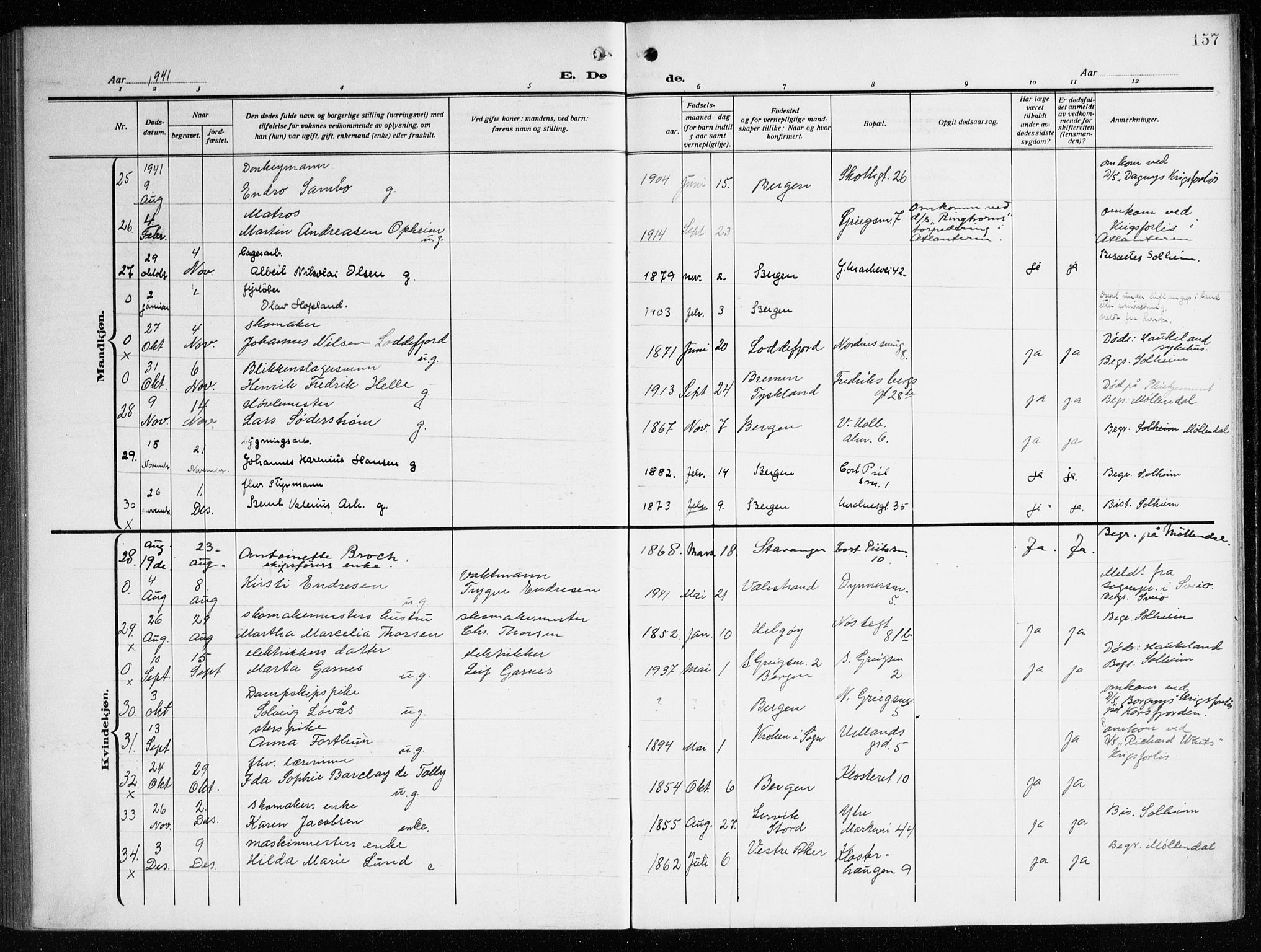 Nykirken Sokneprestembete, AV/SAB-A-77101/H/Haa/L0046: Parish register (official) no. E 6, 1918-1944, p. 157