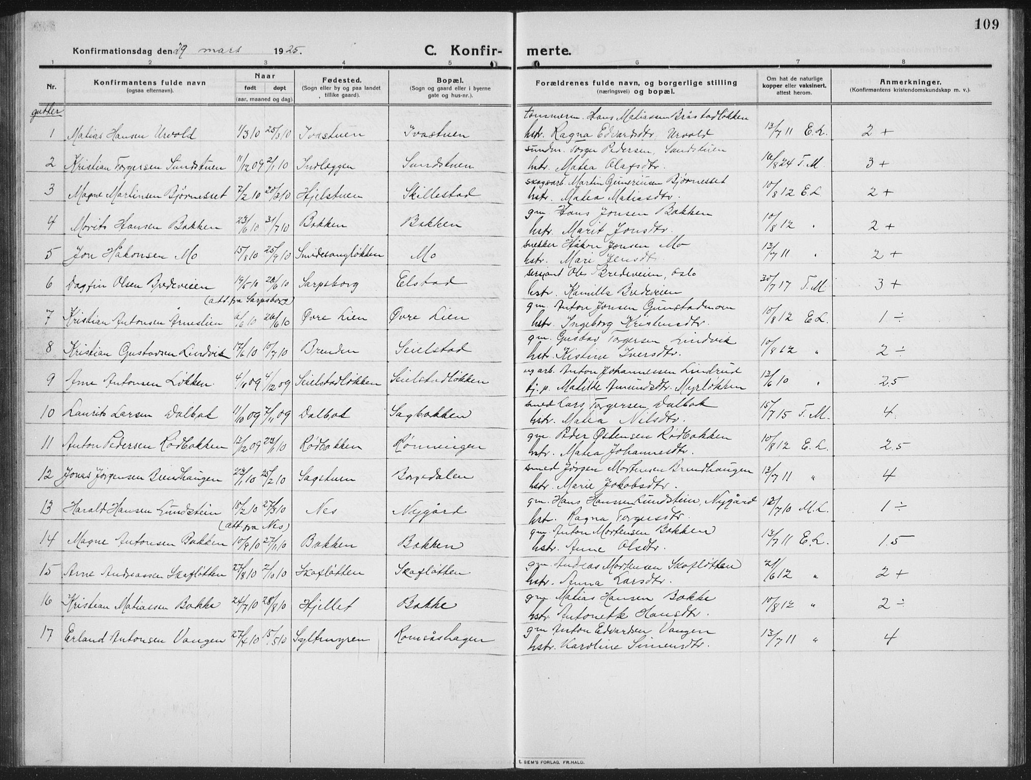 Ringebu prestekontor, AV/SAH-PREST-082/H/Ha/Hab/L0010: Parish register (copy) no. 10, 1911-1934, p. 109