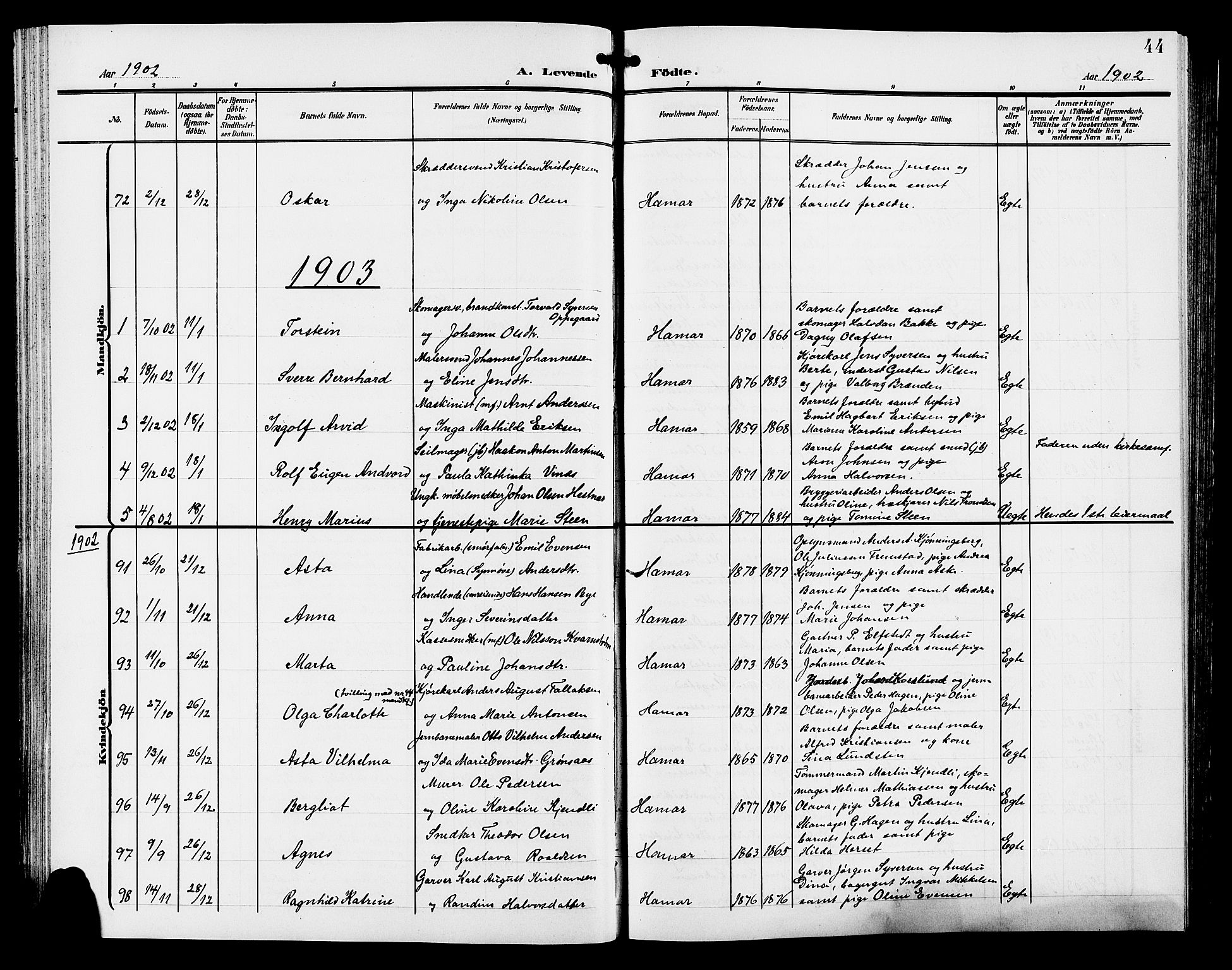 Hamar prestekontor, SAH/DOMPH-002/H/Ha/Hab/L0001: Parish register (copy) no. 1, 1899-1914, p. 44