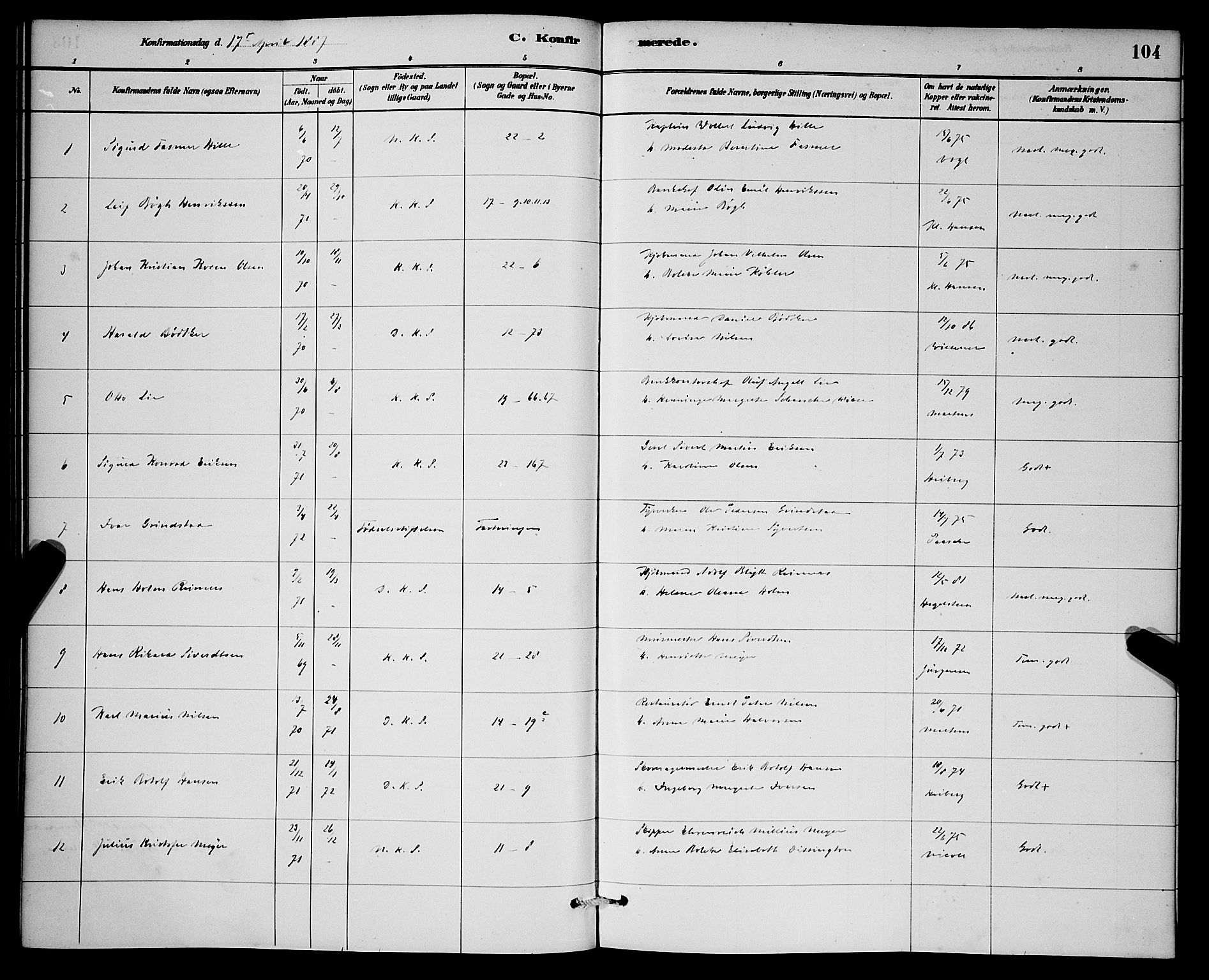 Korskirken sokneprestembete, SAB/A-76101/H/Hab: Parish register (copy) no. C 3, 1880-1892, p. 104