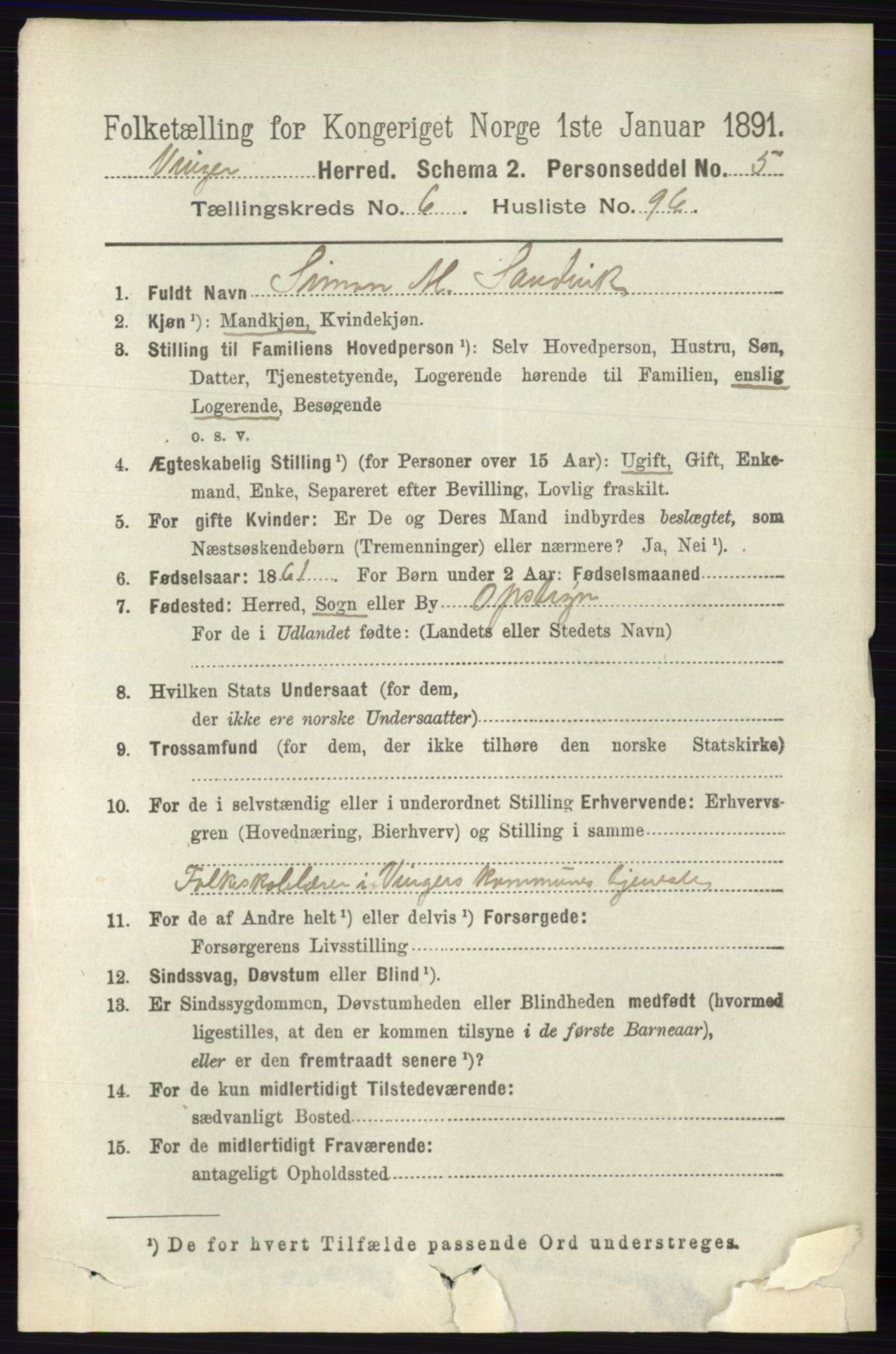 RA, 1891 census for 0421 Vinger, 1891, p. 3172