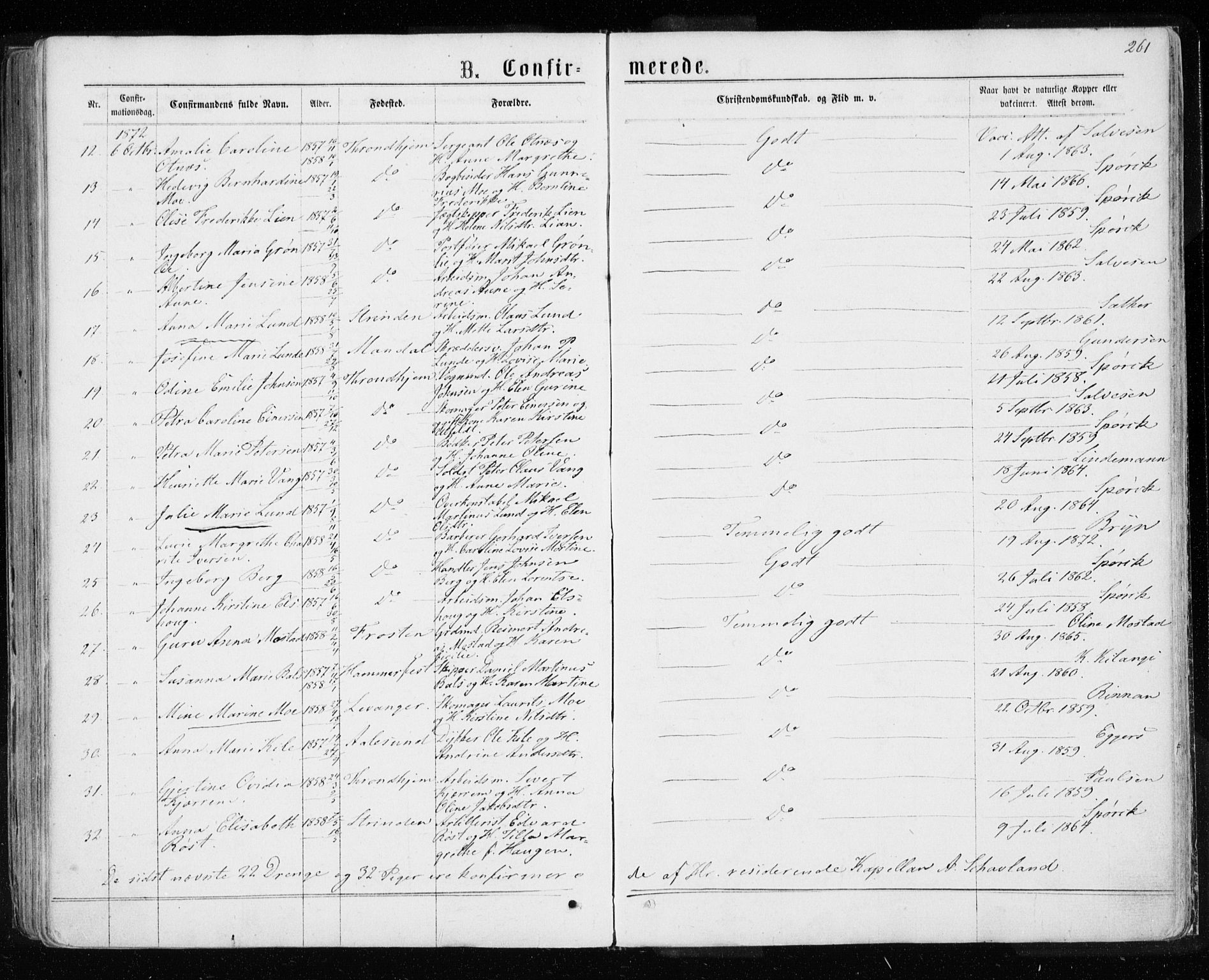 Ministerialprotokoller, klokkerbøker og fødselsregistre - Sør-Trøndelag, AV/SAT-A-1456/601/L0054: Parish register (official) no. 601A22, 1866-1877, p. 261