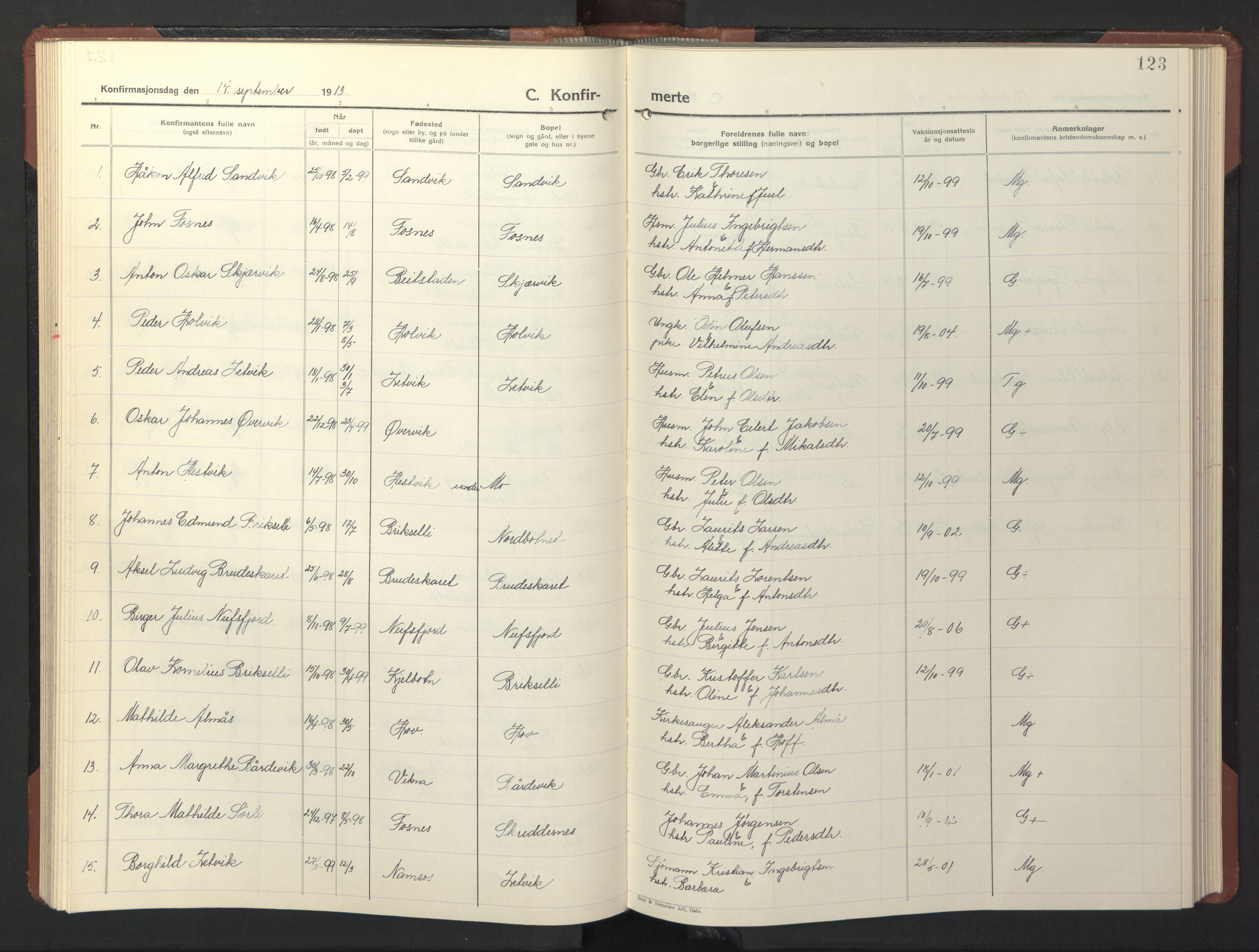 Ministerialprotokoller, klokkerbøker og fødselsregistre - Nord-Trøndelag, SAT/A-1458/773/L0625: Parish register (copy) no. 773C01, 1910-1952, p. 123