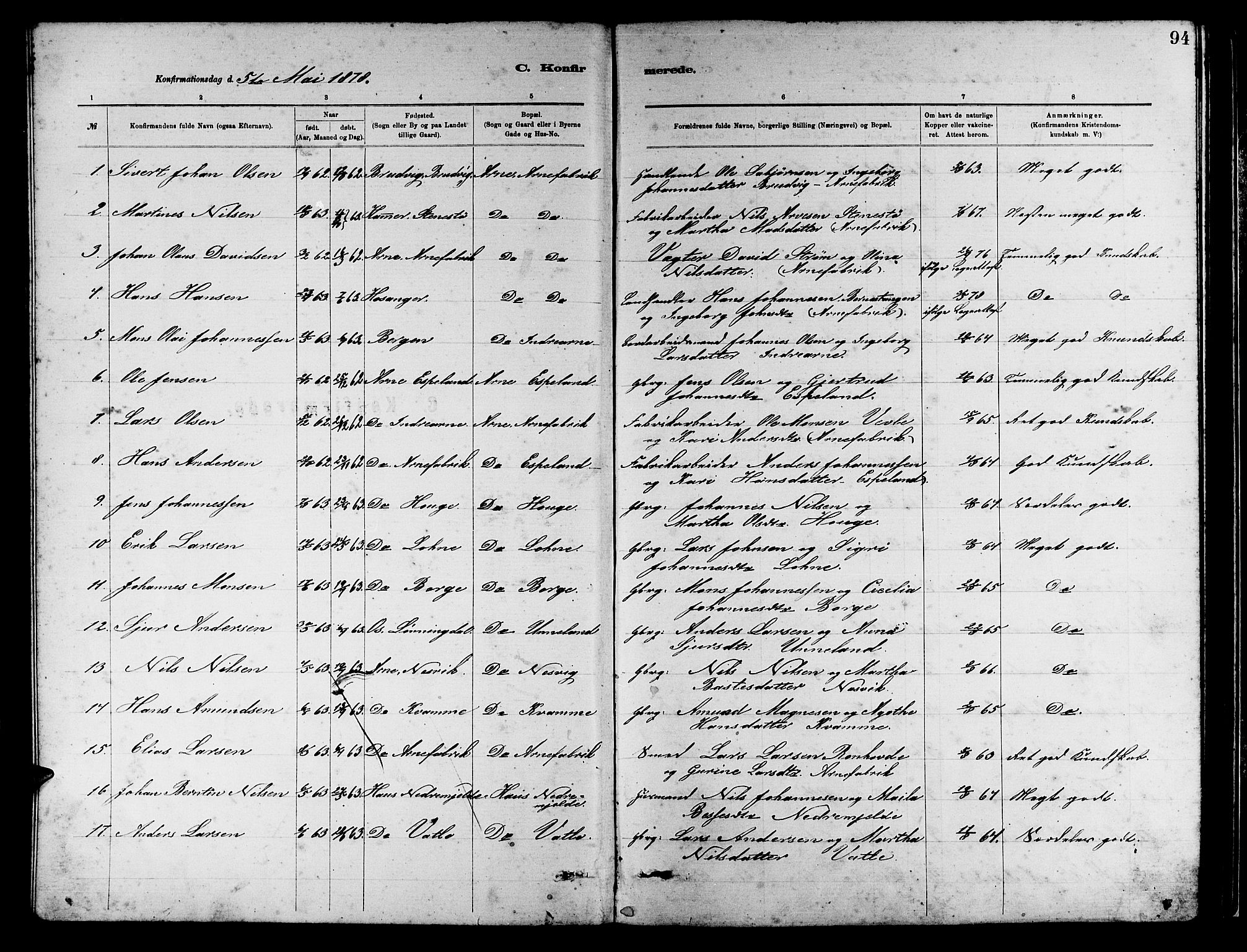 Arna Sokneprestembete, SAB/A-74001/H/Ha/Hab: Parish register (copy) no. A 2, 1878-1887, p. 94