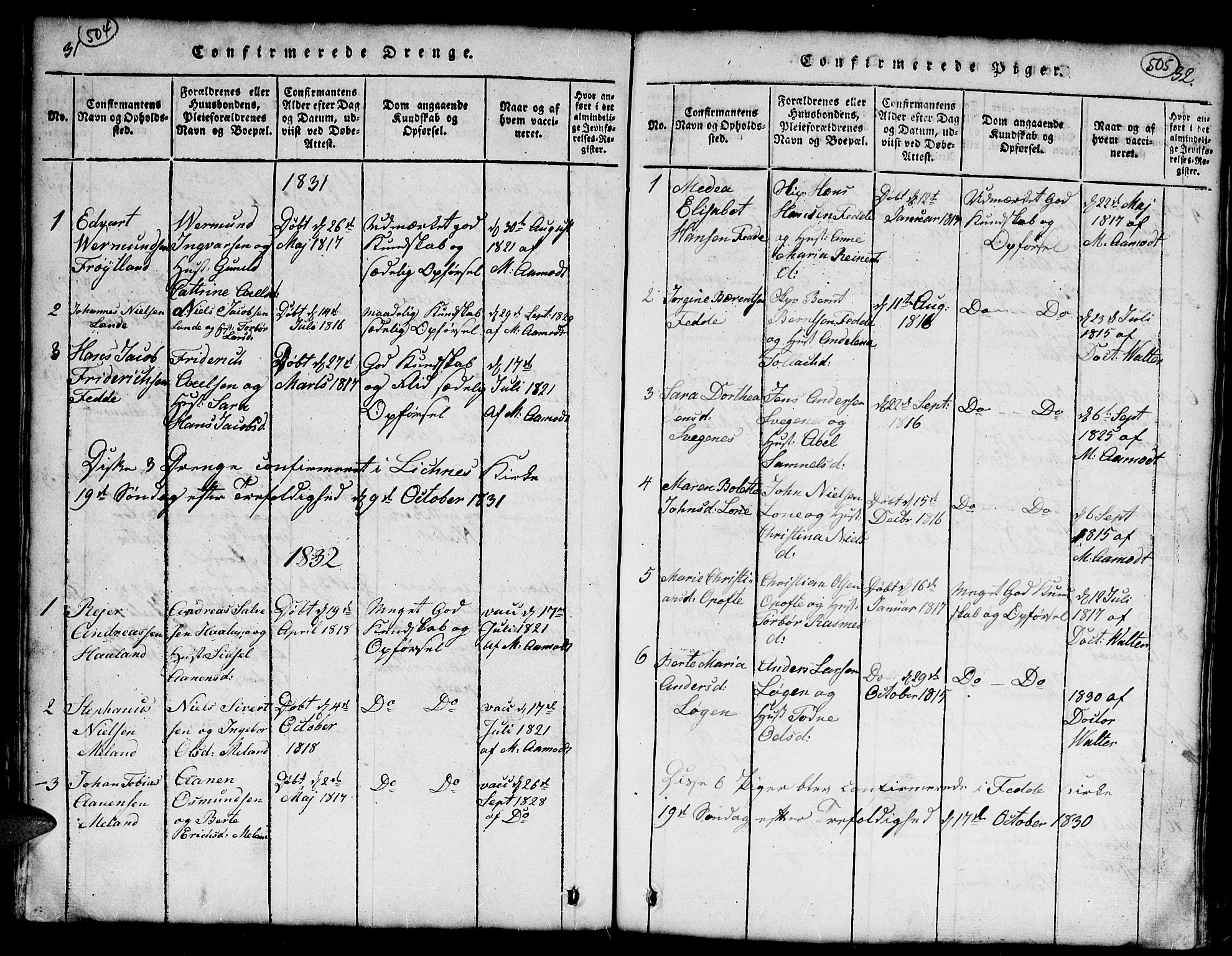 Kvinesdal sokneprestkontor, SAK/1111-0026/F/Fb/Fba/L0001: Parish register (copy) no. B 1, 1815-1839, p. 504-505