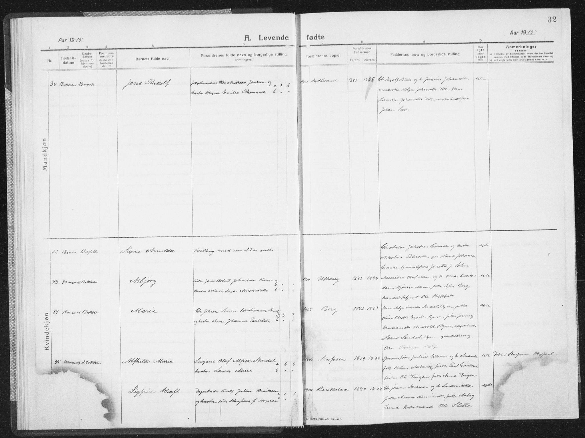 Ministerialprotokoller, klokkerbøker og fødselsregistre - Sør-Trøndelag, SAT/A-1456/659/L0747: Parish register (copy) no. 659C04, 1913-1938, p. 32