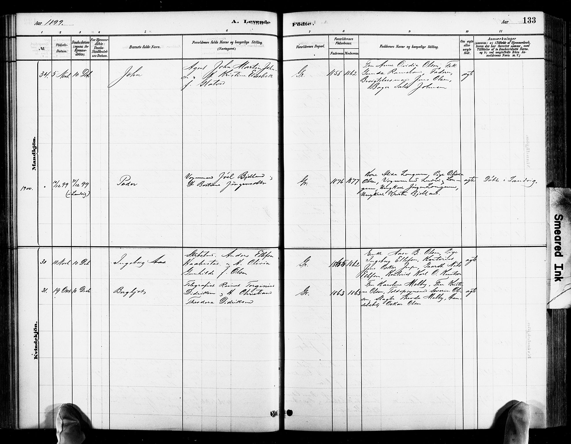 Grimstad sokneprestkontor, AV/SAK-1111-0017/F/Fb/L0001: Parish register (copy) no. B 1, 1881-1922, p. 133