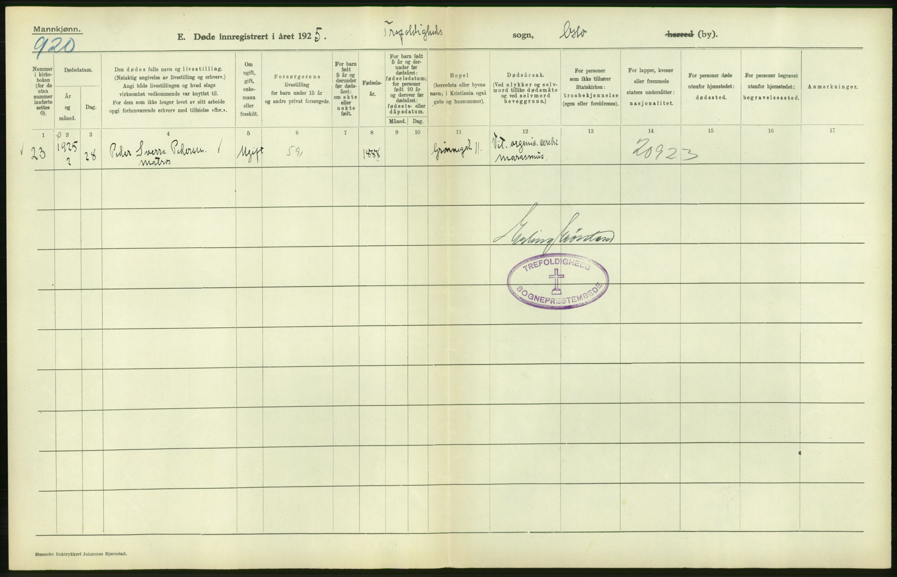 Statistisk sentralbyrå, Sosiodemografiske emner, Befolkning, AV/RA-S-2228/D/Df/Dfc/Dfce/L0009: Oslo: Døde menn, 1925, p. 156