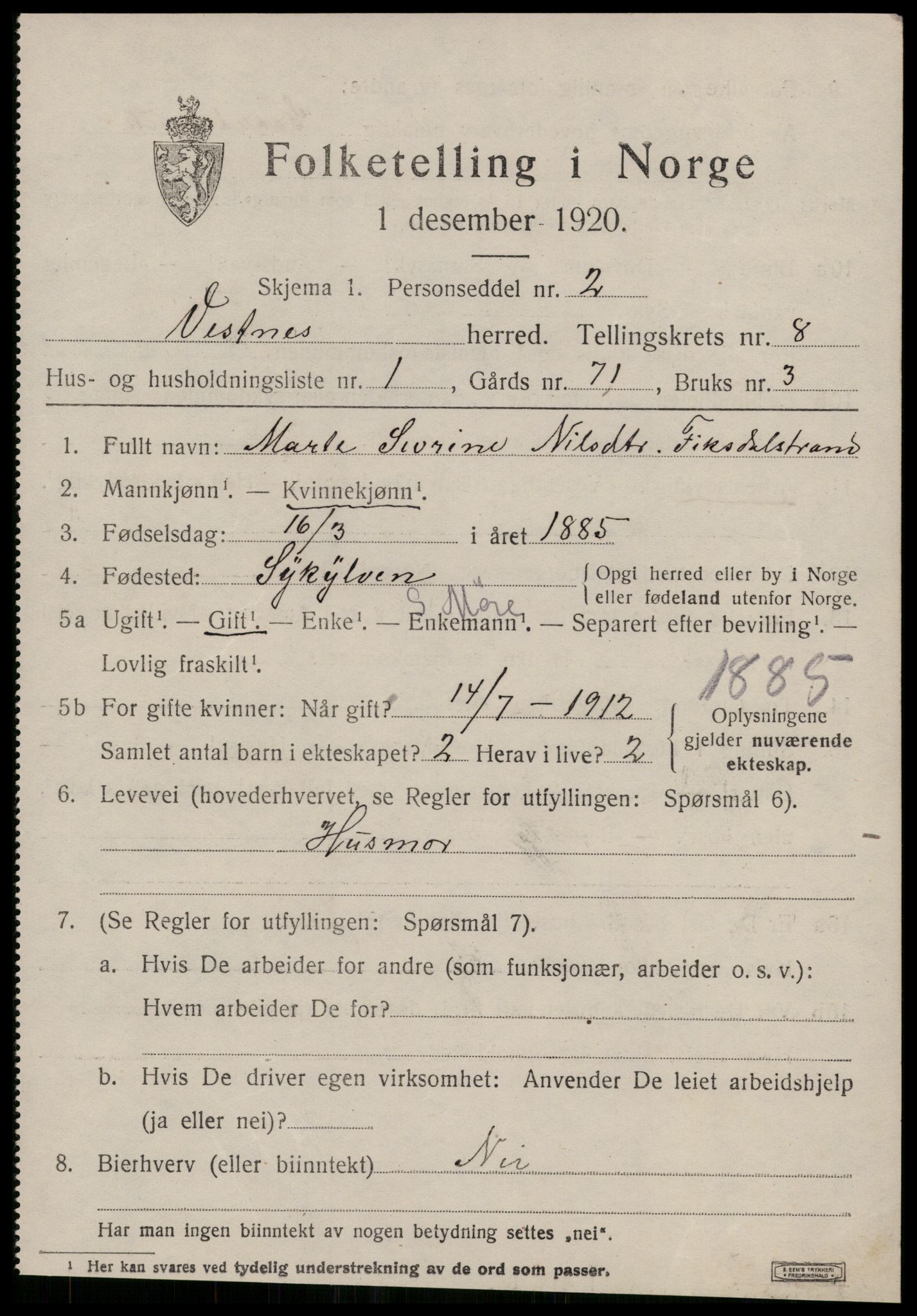 SAT, 1920 census for Vestnes, 1920, p. 5583