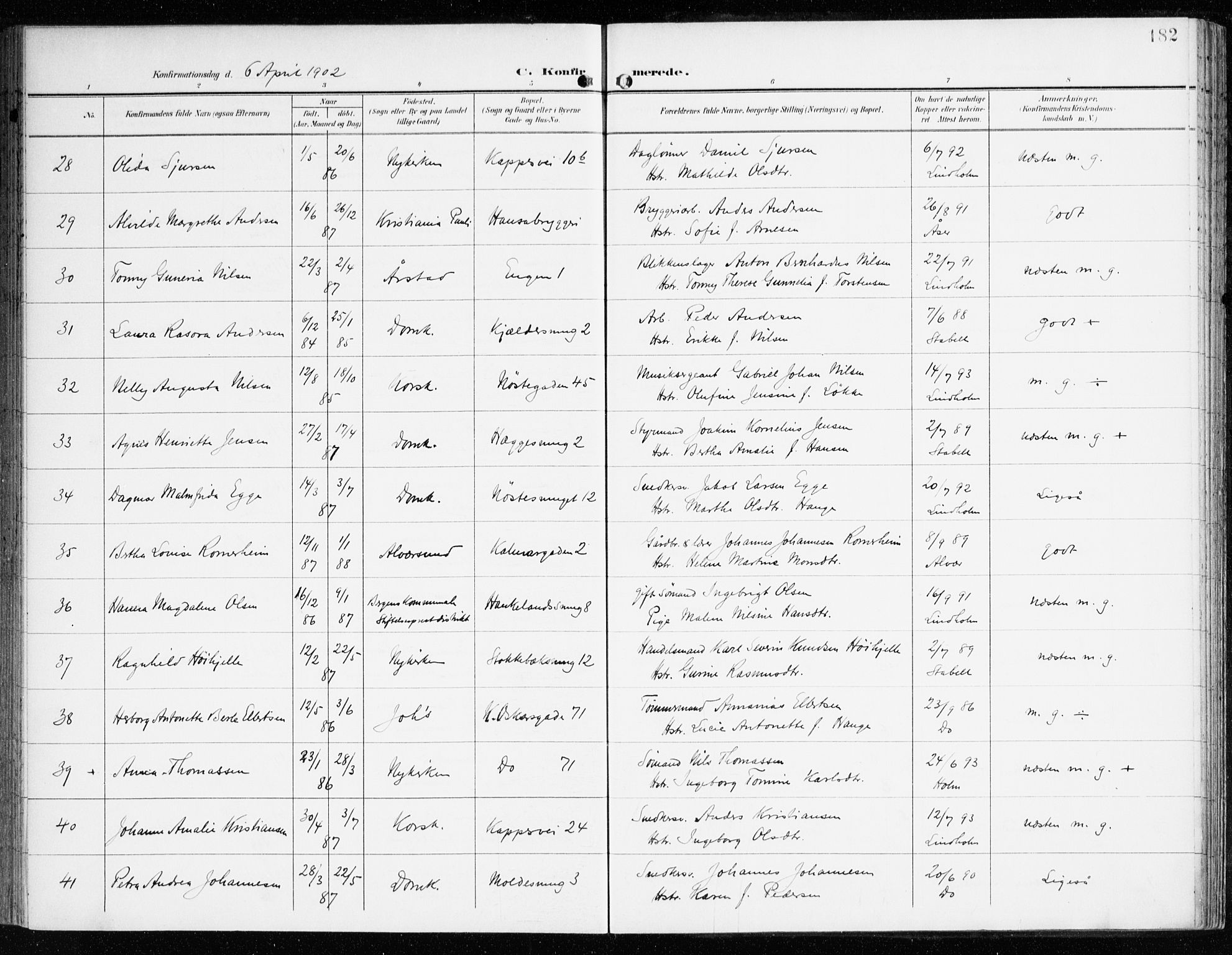 Domkirken sokneprestembete, AV/SAB-A-74801/H/Haa/L0031: Parish register (official) no. C 6, 1898-1915, p. 182