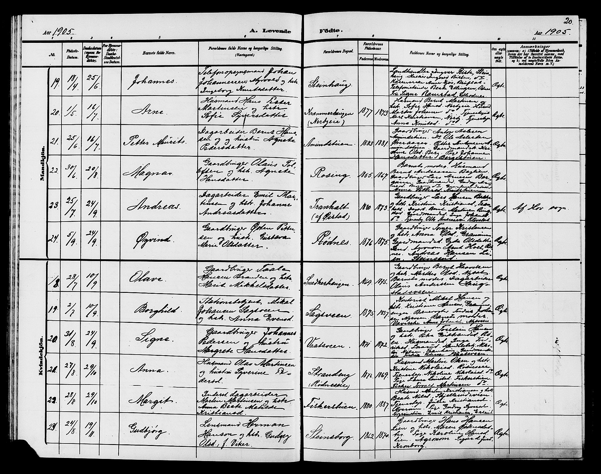 Søndre Land prestekontor, AV/SAH-PREST-122/L/L0005: Parish register (copy) no. 5, 1902-1911, p. 20