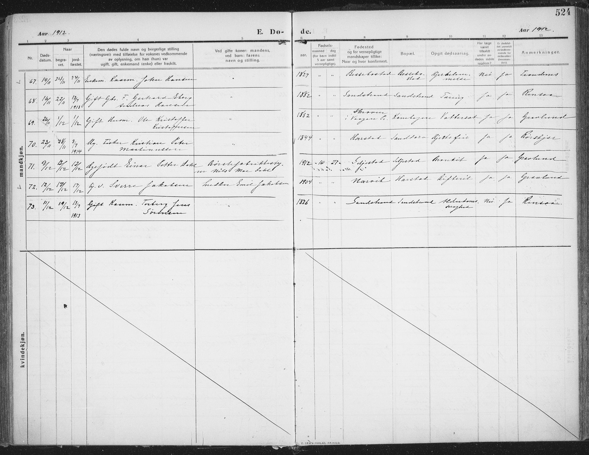 Trondenes sokneprestkontor, AV/SATØ-S-1319/H/Ha/L0018kirke: Parish register (official) no. 18, 1909-1918, p. 524