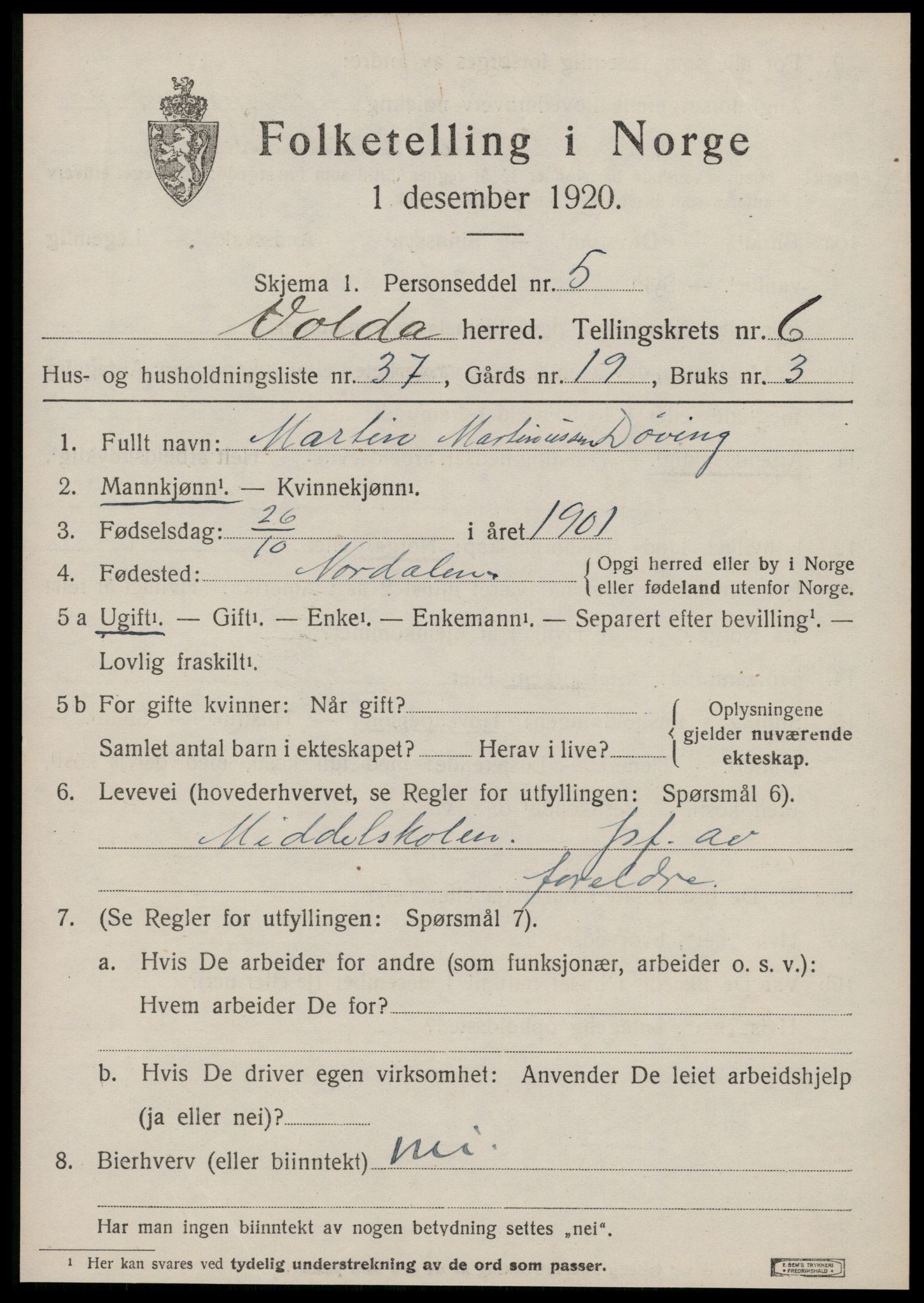 SAT, 1920 census for Volda, 1920, p. 5644