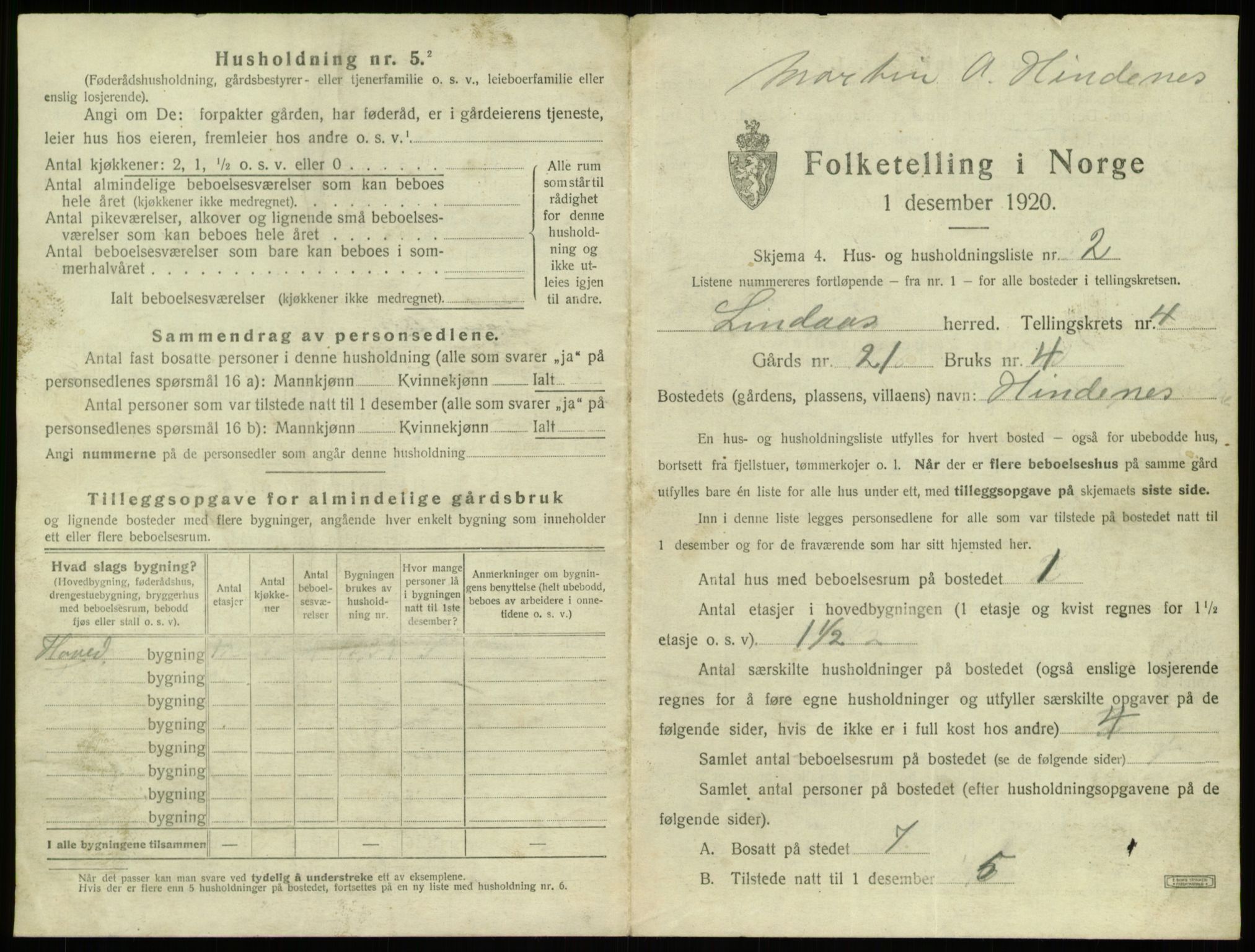 SAB, 1920 census for Lindås, 1920, p. 258