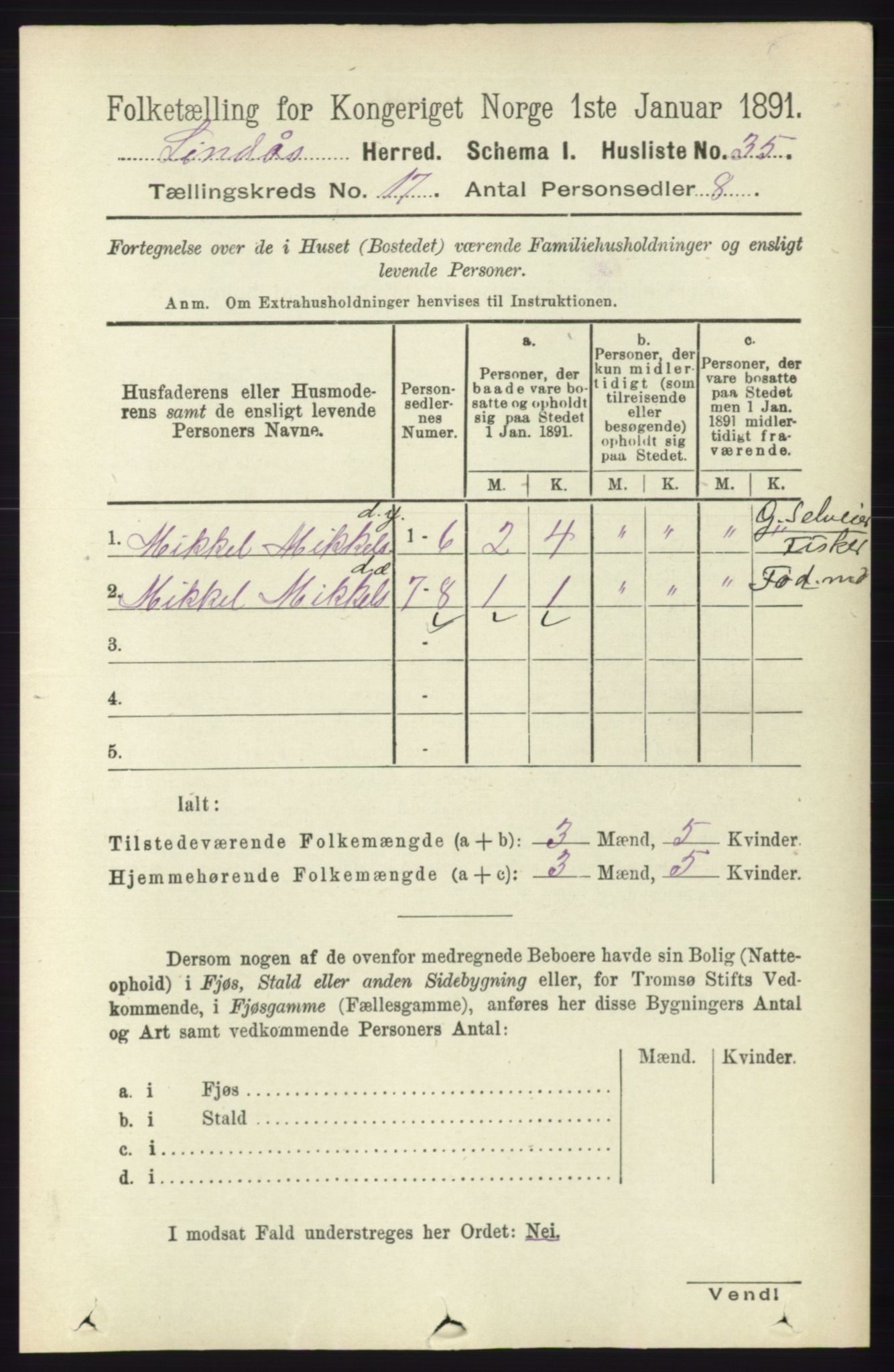 RA, 1891 census for 1263 Lindås, 1891, p. 6117