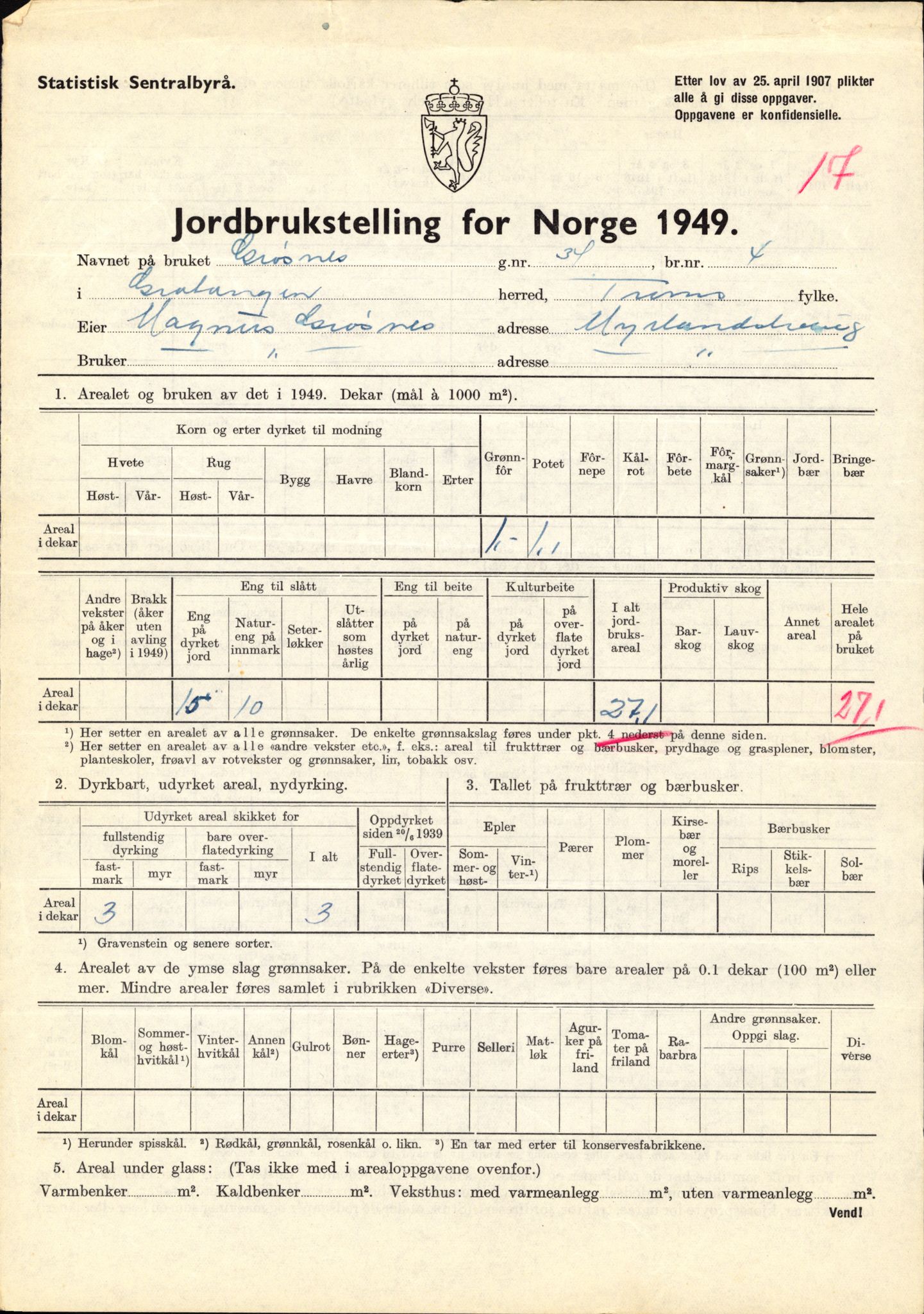 Statistisk sentralbyrå, Næringsøkonomiske emner, Jordbruk, skogbruk, jakt, fiske og fangst, AV/RA-S-2234/G/Gc/L0437: Troms: Gratangen og Lavangen, 1949, p. 882