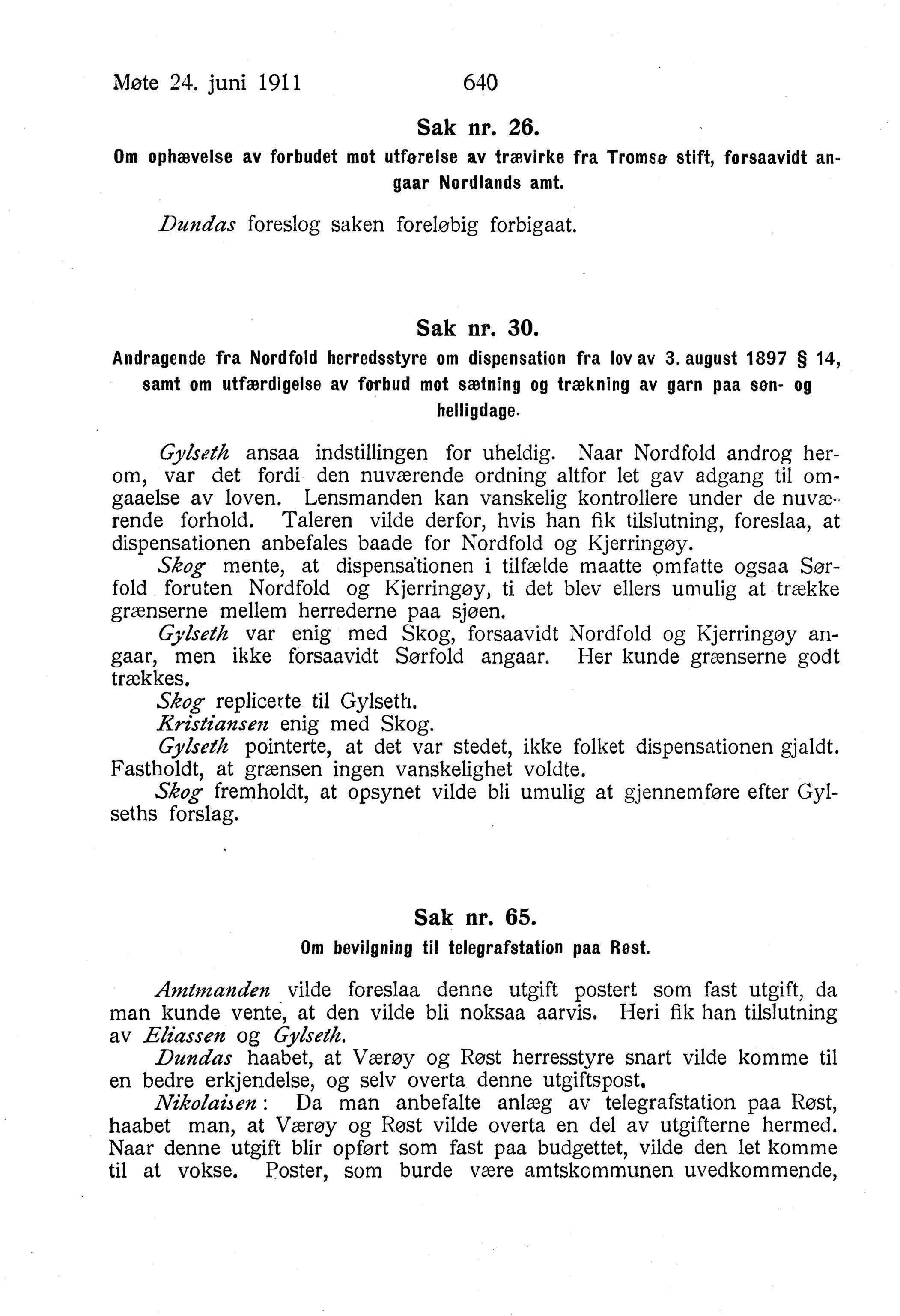 Nordland Fylkeskommune. Fylkestinget, AIN/NFK-17/176/A/Ac/L0034: Fylkestingsforhandlinger 1911, 1911