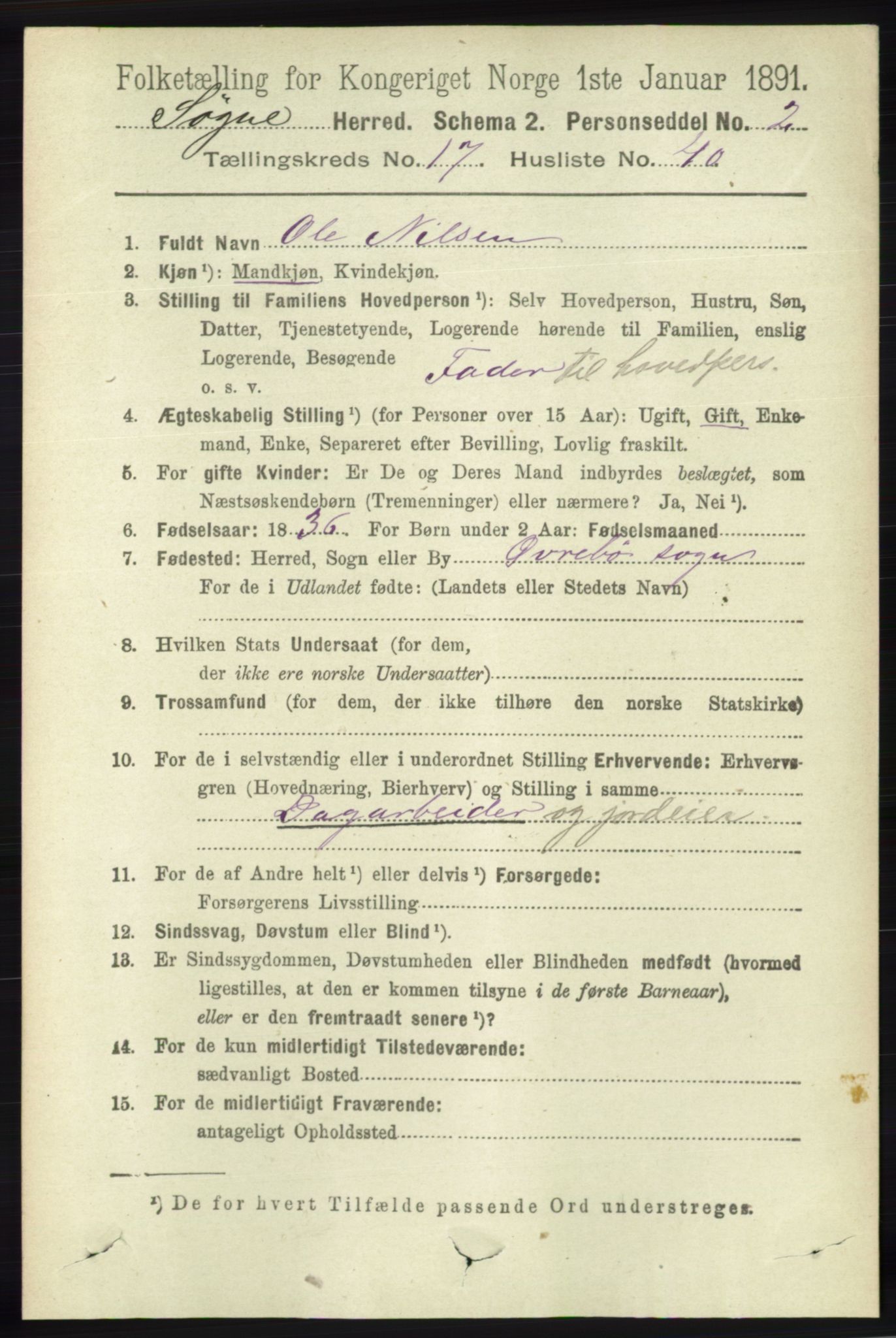 RA, 1891 census for 1018 Søgne, 1891, p. 4693