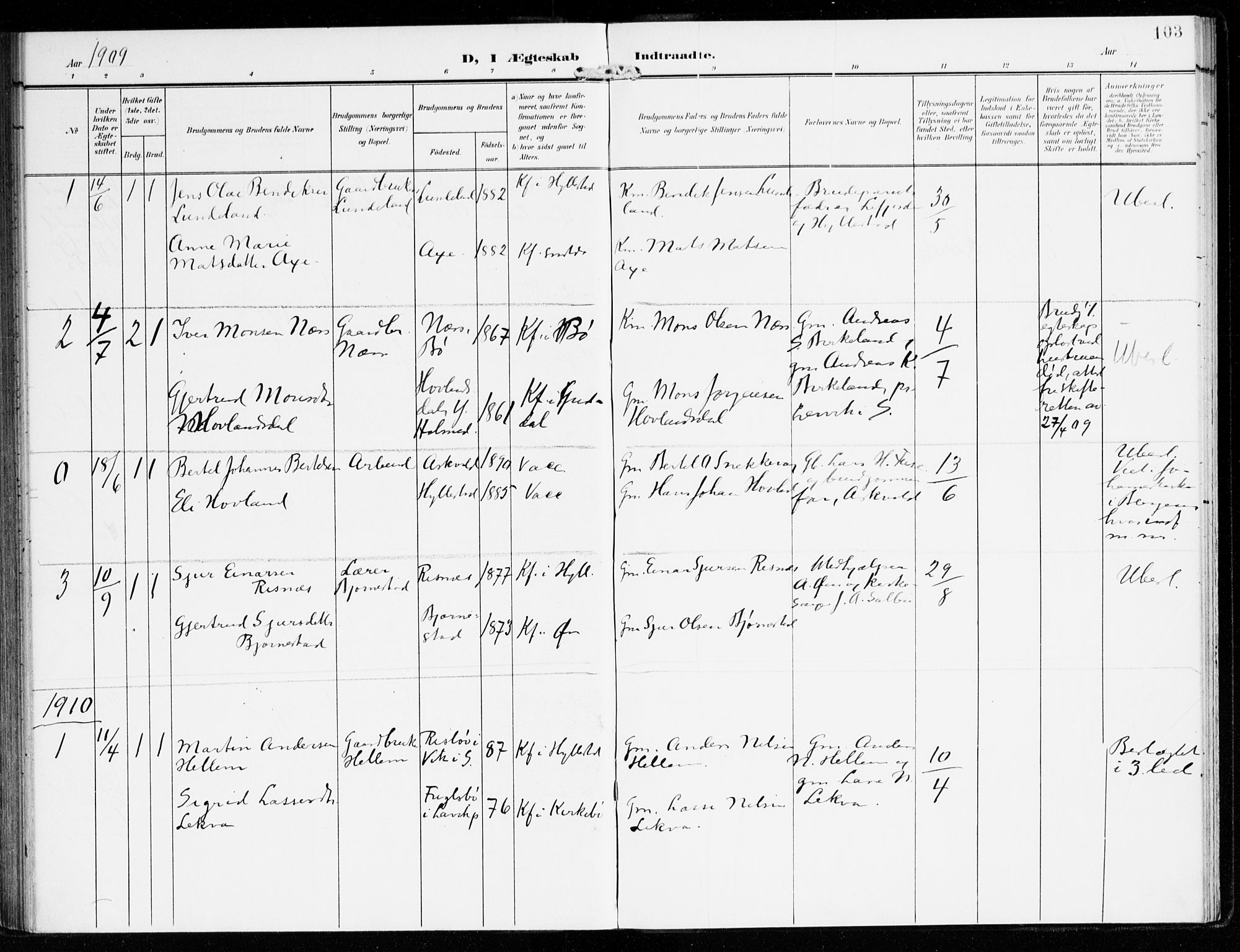 Hyllestad sokneprestembete, SAB/A-80401: Parish register (official) no. B 2, 1903-1917, p. 103