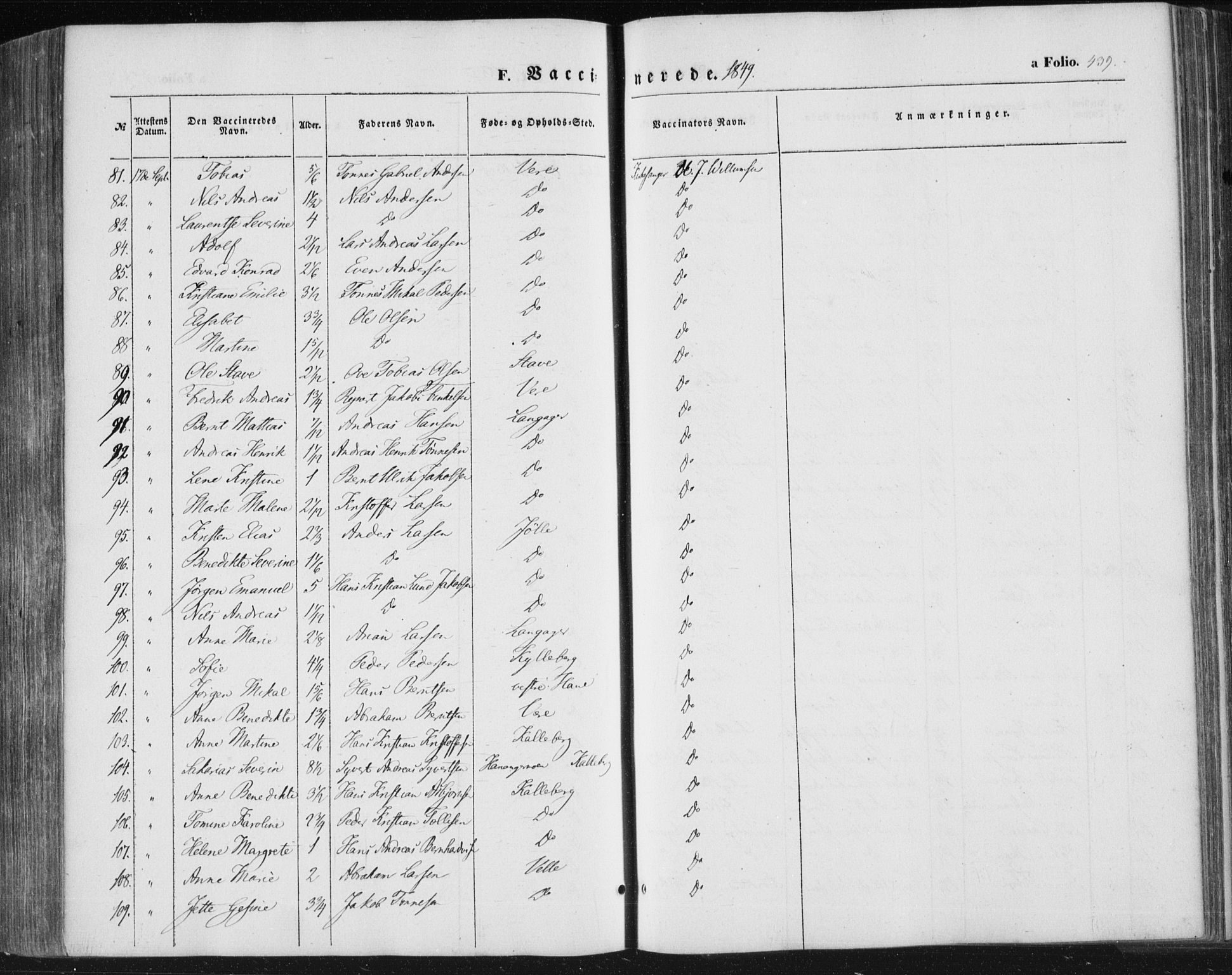 Lista sokneprestkontor, AV/SAK-1111-0027/F/Fa/L0010: Parish register (official) no. A 10, 1846-1861, p. 439