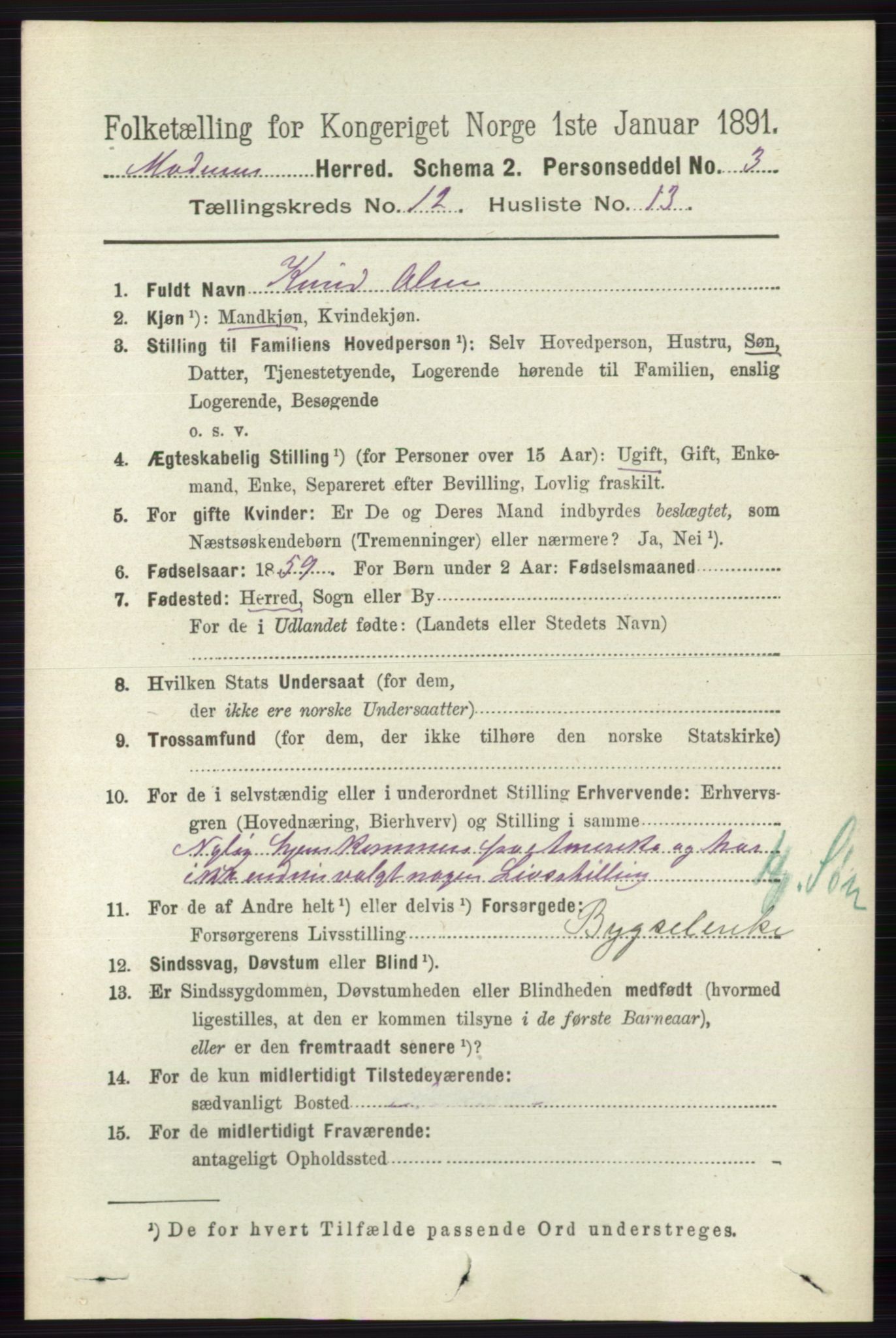 RA, 1891 census for 0623 Modum, 1891, p. 4522