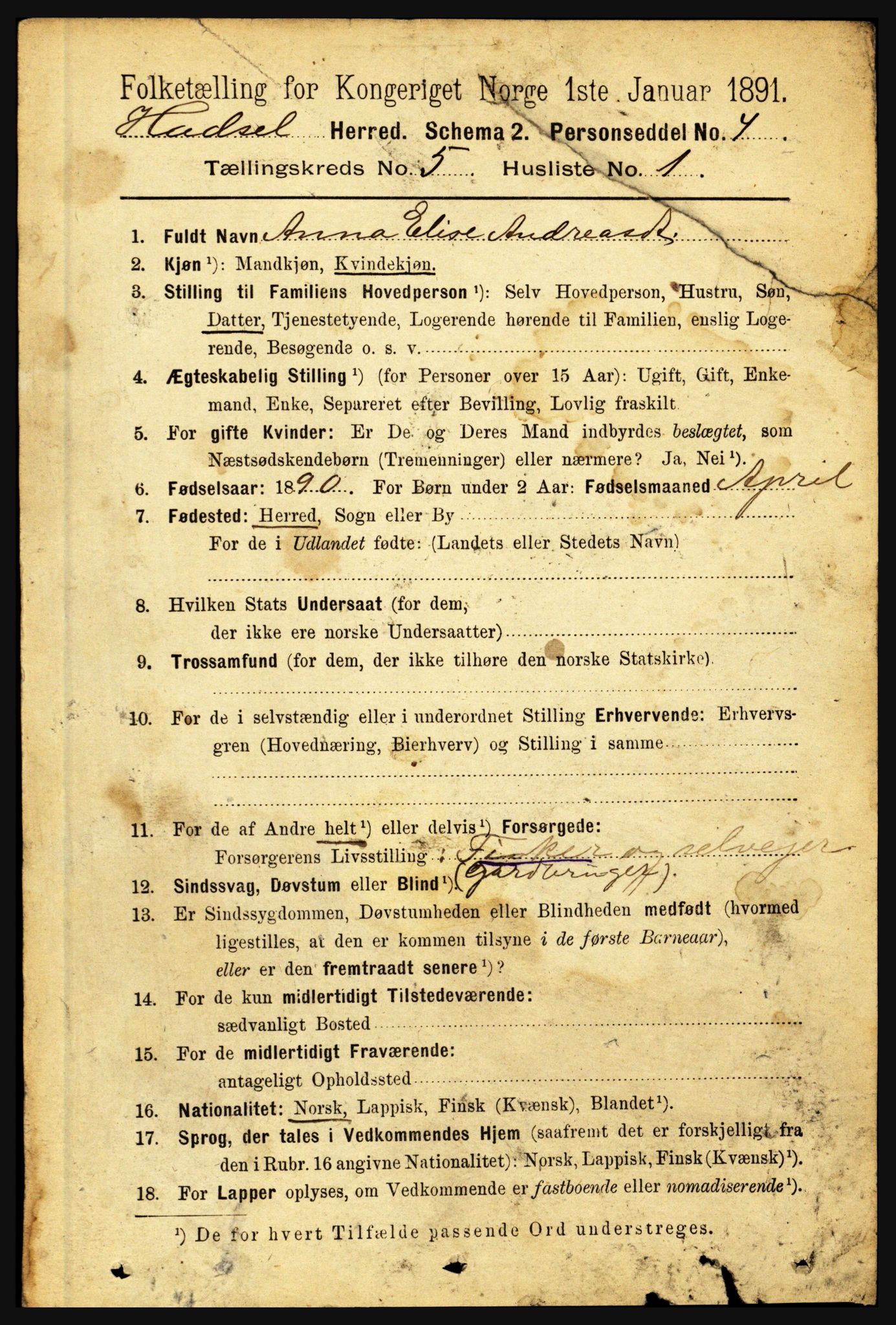 RA, 1891 census for 1866 Hadsel, 1891, p. 2127